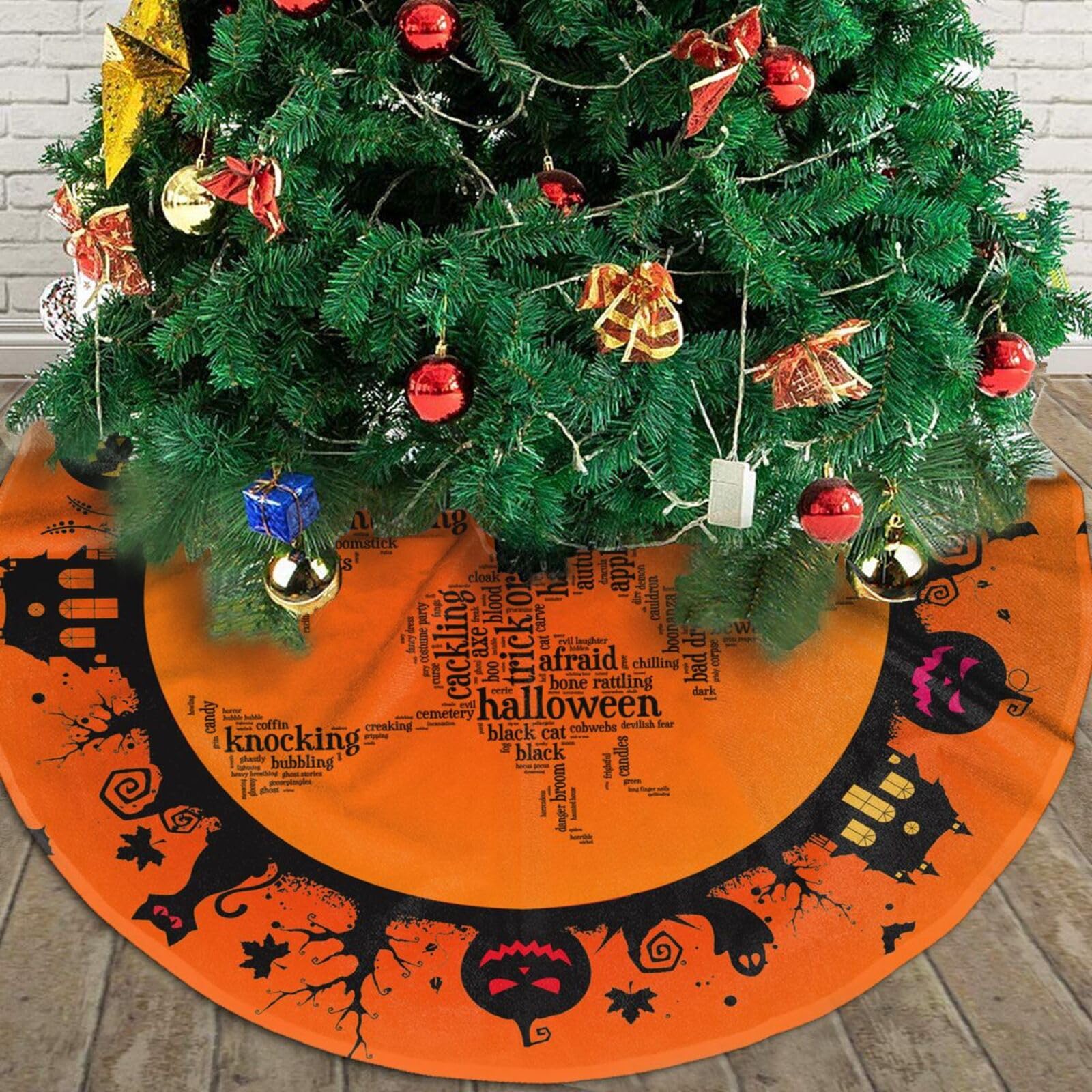 Halloween Witch Flying Over Christmas Tree Skirt 36-Inch, Rustic Pumpkin Fall Decorations for Holiday Party, Indoor/Outdoor Xmas Tree Mat