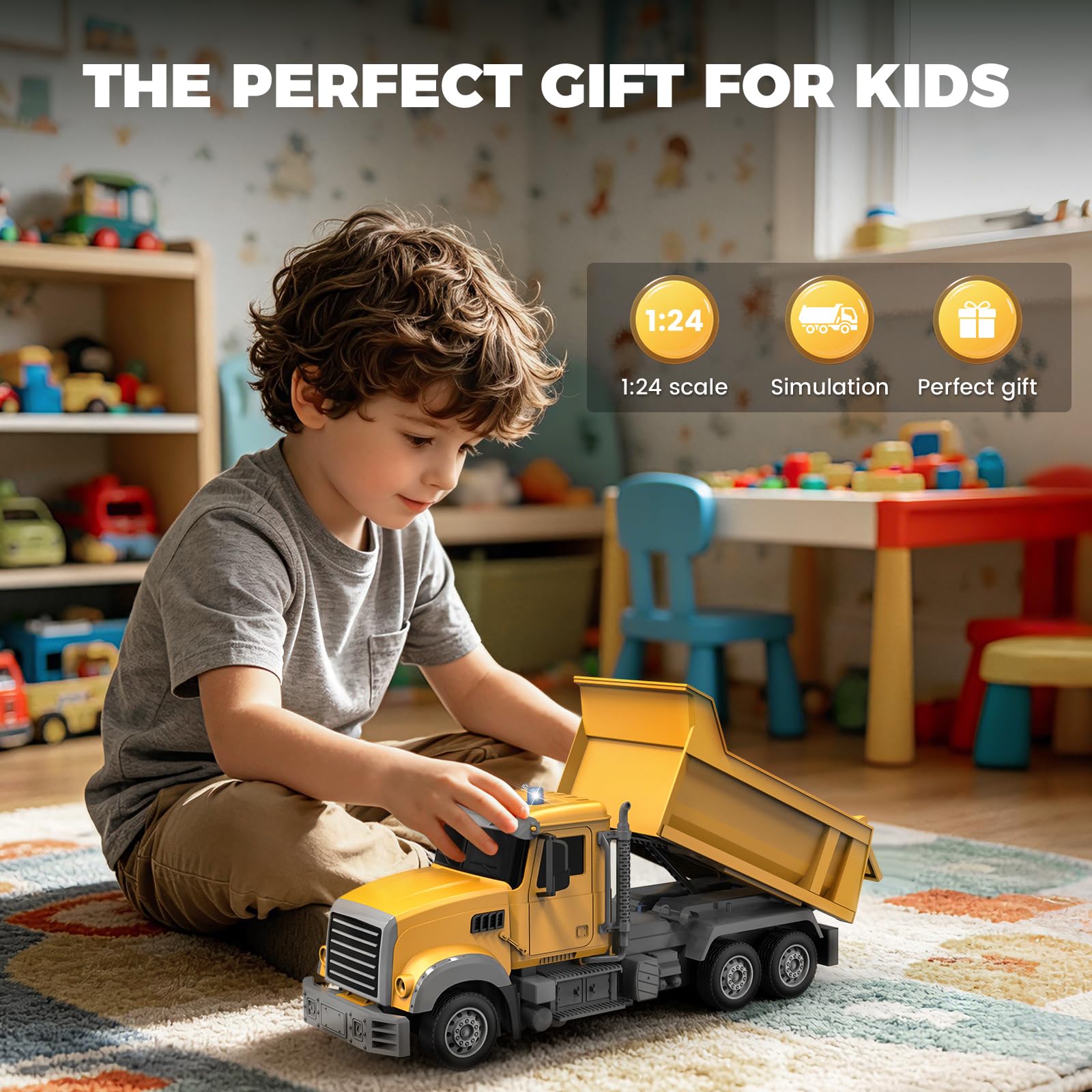 YESHIN 1:24 RC Kipper LKW, 6 Kanal Ferngesteuerter Baustellen LKW mit Licht, 2.4GHz Funksteuerung, Elektrische Kippmulde, Offroad Baufahrzeug Spielzeug für Kinder Jungen
