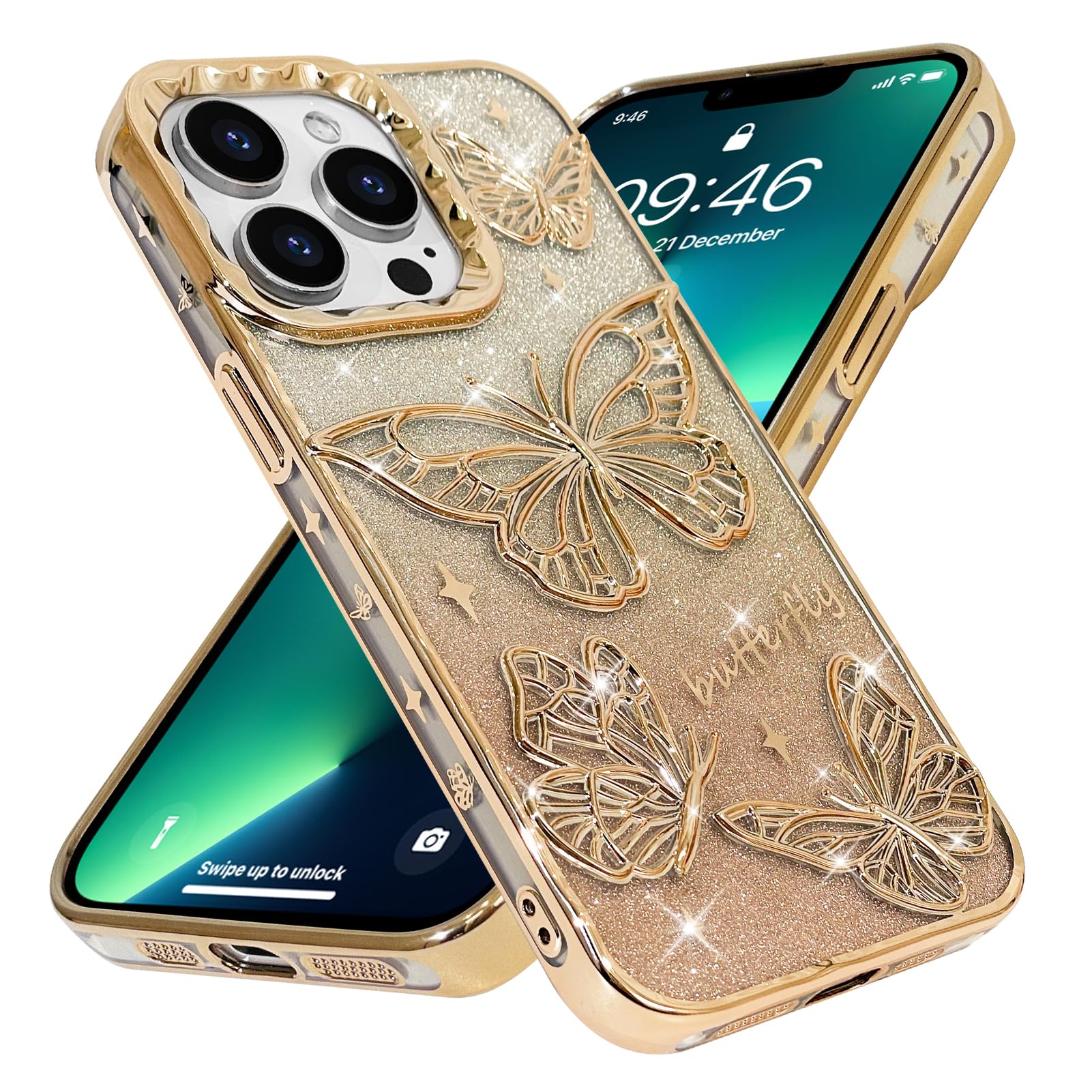 FOURTOC 3D Pizzo Farfalla Cover per iPhone 13/13 Pro/13 PRO Max Glitter Custodia in TPU Morbida Paraurti AntiGraffio Antiurto Protettiva Custodie Case,Purple 1,13 PRO Max
