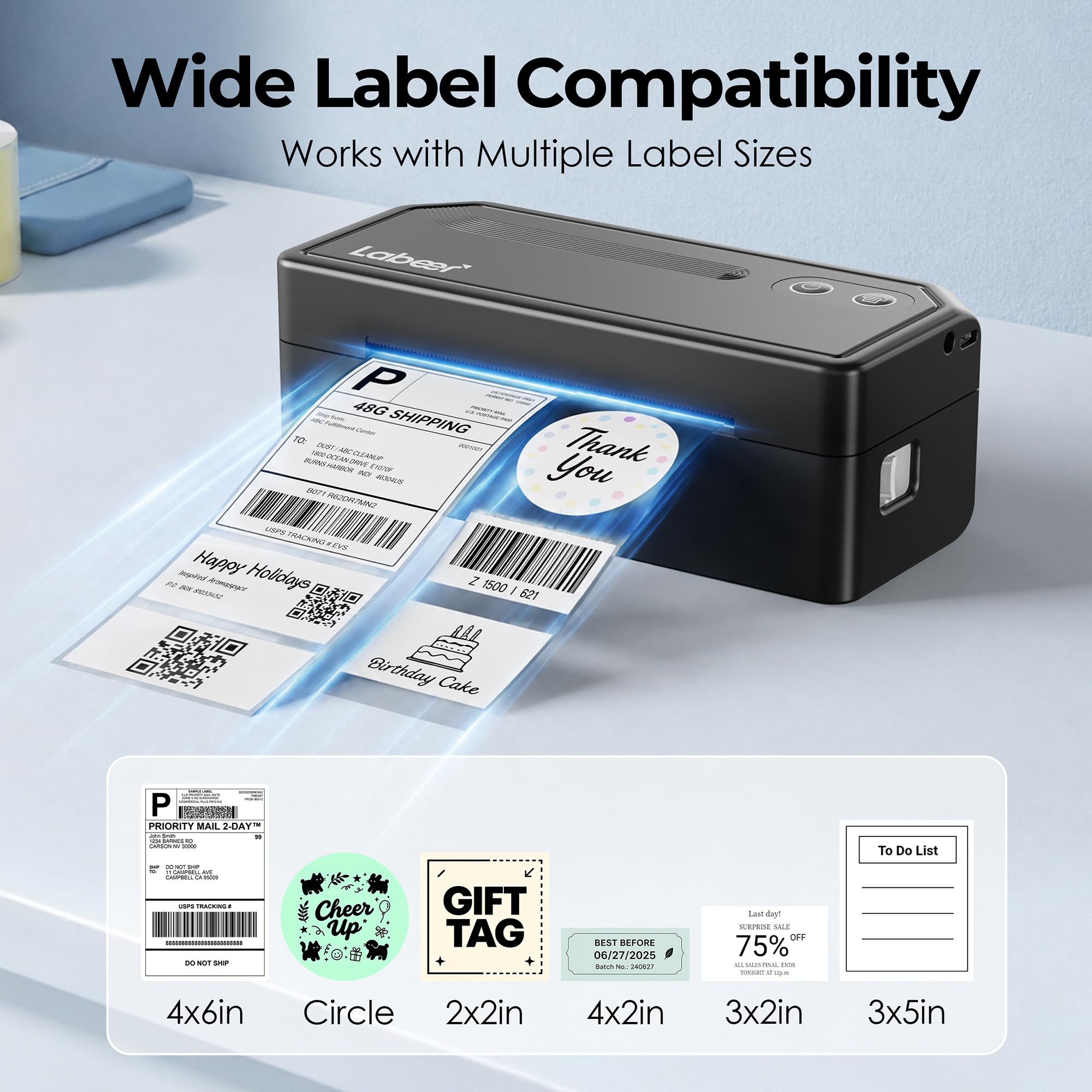Labeer Bluetooth Thermal Etikettendrucker Versandpakete, 4x6 Wireless Etikettendrucker für kleine Unternehmen, Büro oder zu Hause, Kompatibel mit Windows/Mac/Android/iOS/Amazon/Ebay/Shopify/Etsy/USPS
