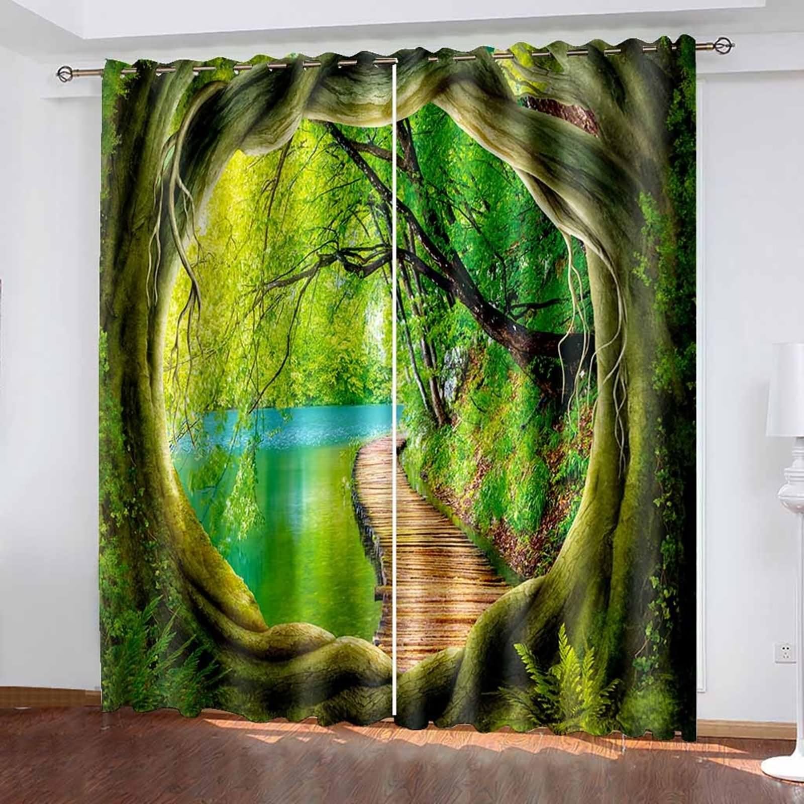Czeska zielona zasłona, długa zasłona okienna Naturalny krajobraz winorośli i jezioro poliester 2 panele 214x138cm