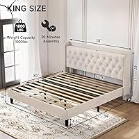 Vista 73 de koorlian Base de cama Queen con cabecero, base de cama tapizada ajustable con puertos tipo C y USB, cabecera de almacenamiento con respaldo de ala