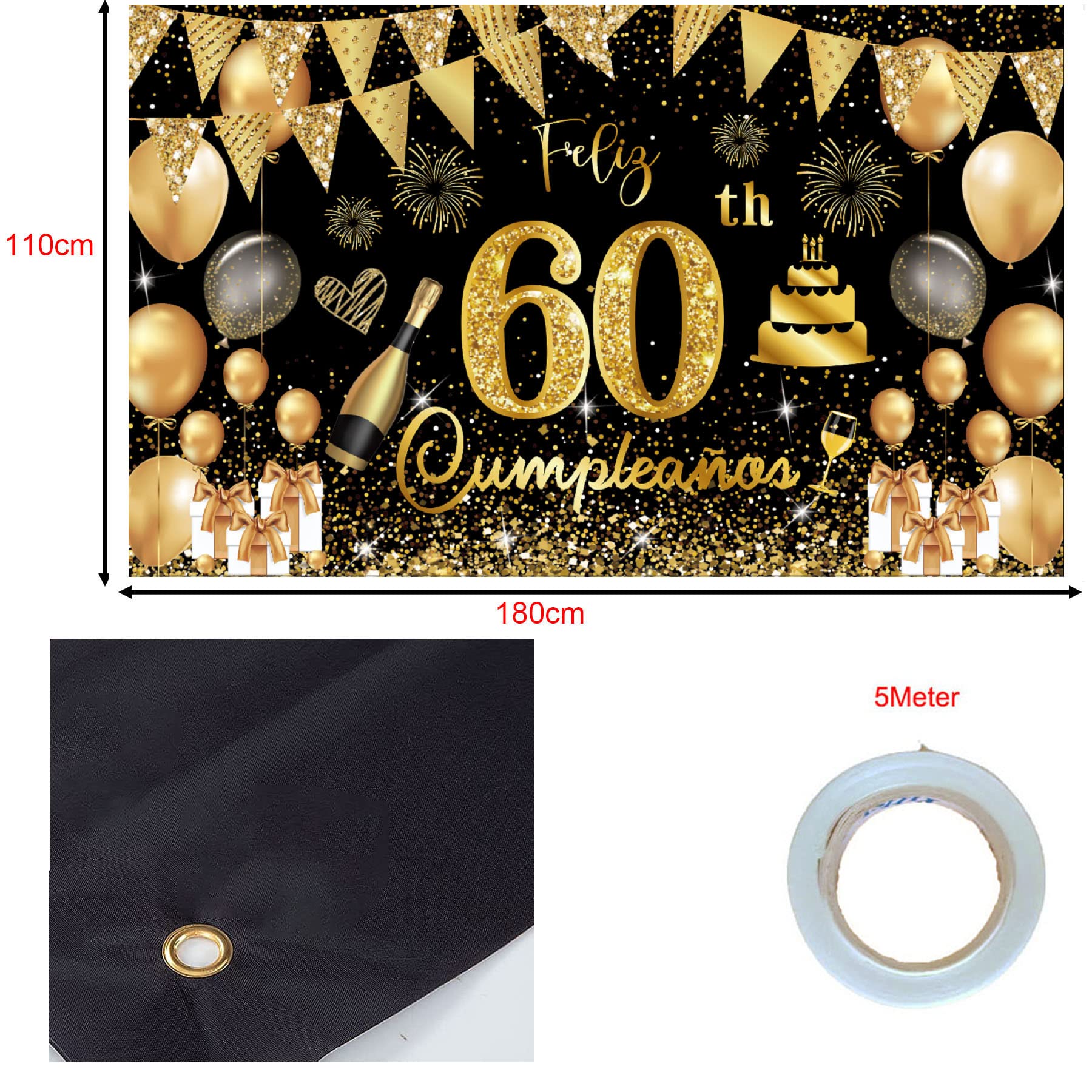 60. Geburtstag Banner – Schwarz-Gold, 180x110 Cm, Für Männer & Frauen, Party-Deko
