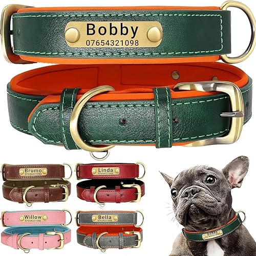 Miniatura 18 de Collar de perro de cuero personalizado y juego de correa, personalizado con diseño acolchado suave resistente con placa de nombre grabada Cuello