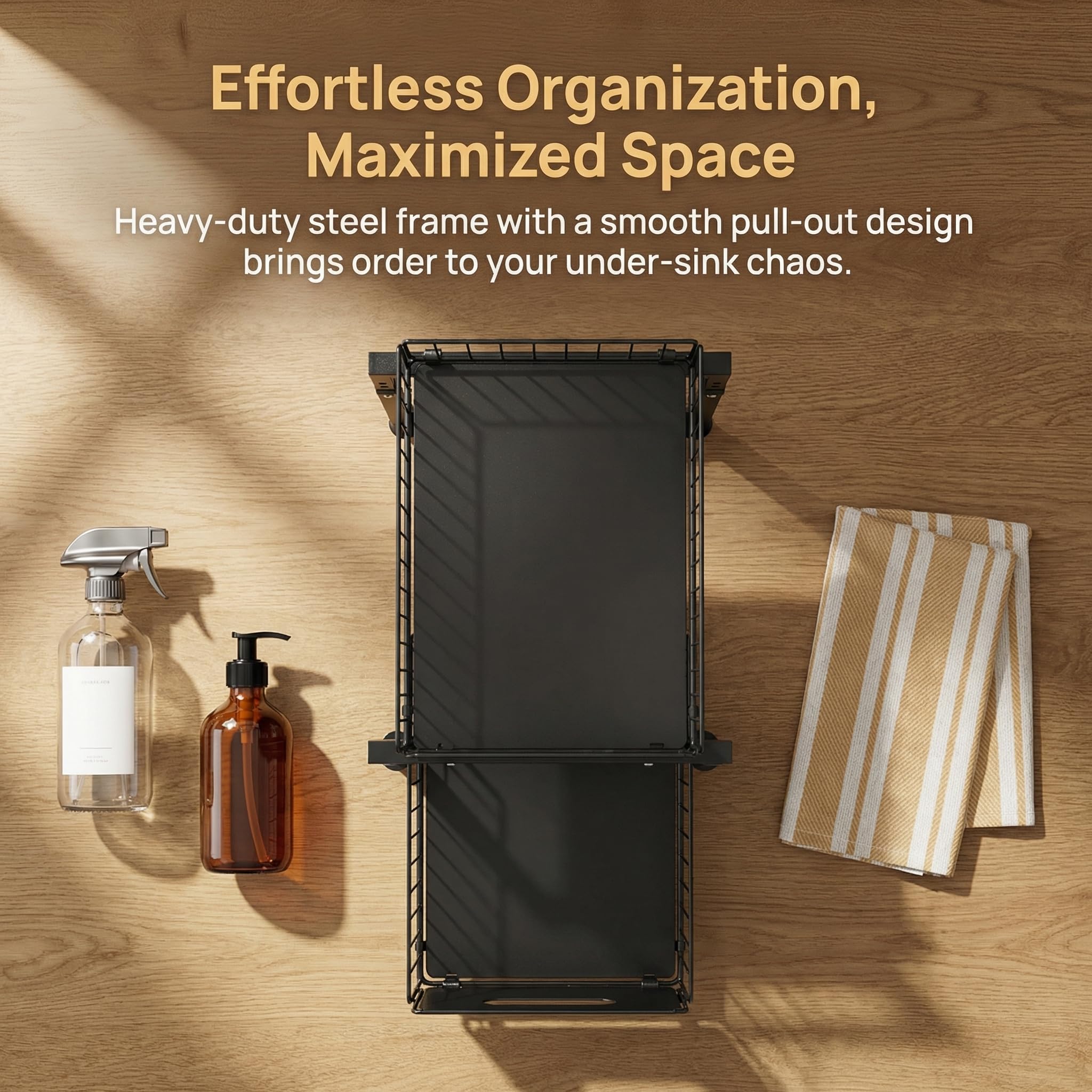 Organizer sotto il lavello a 2 ripiani con cassetto scorrevole estraibile, in metallo resistente, scaffale da cucina regolabile in altezza per bagno, scaffale salvaspazio (nero)