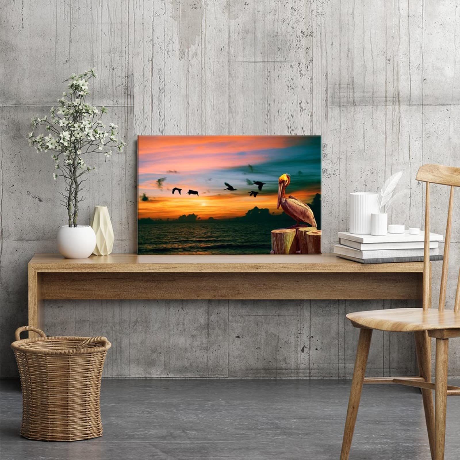 JIUJIUJIU Landschaft Wandkunst Malerei Wandbild Sonnenuntergang Nachglühen Meer Wasservogel Drucke &; Poster Leinwand Bilder Kunstwerk für Wohnkultur, 42 * 60 cm, gerahmt