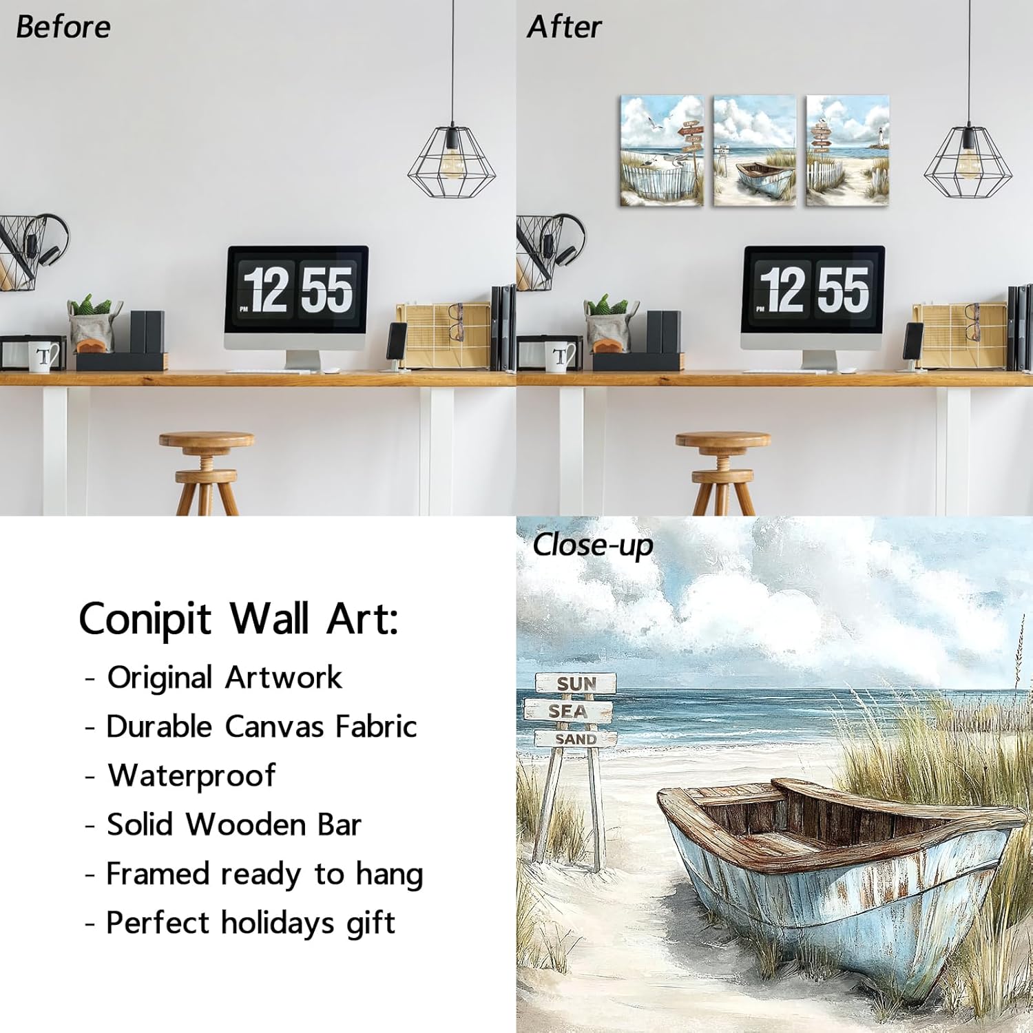 Conipit Coastal Beach Wall Art Seaside Pictures Wall Decor Seascape with Lighthouse and Boat Paintings 12''x16'' Each Panel 3-Piece Canvas Prints, Nautical Home Decor