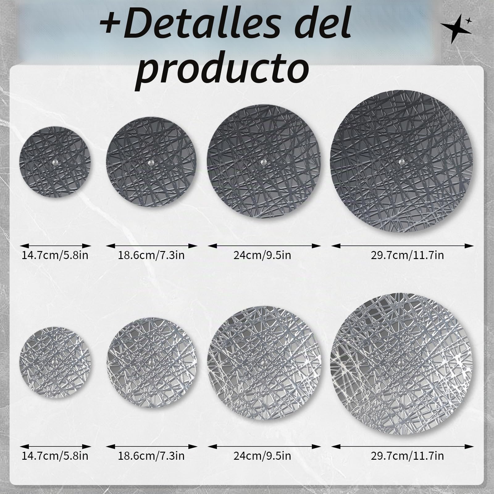 DETENE pared redonda metal Decoración,pared boho Metal redondo | 8 piezas con 4 tamaños, plateado y azul, esculturas colgantes modernas para salón, oficina, apartamento, baño