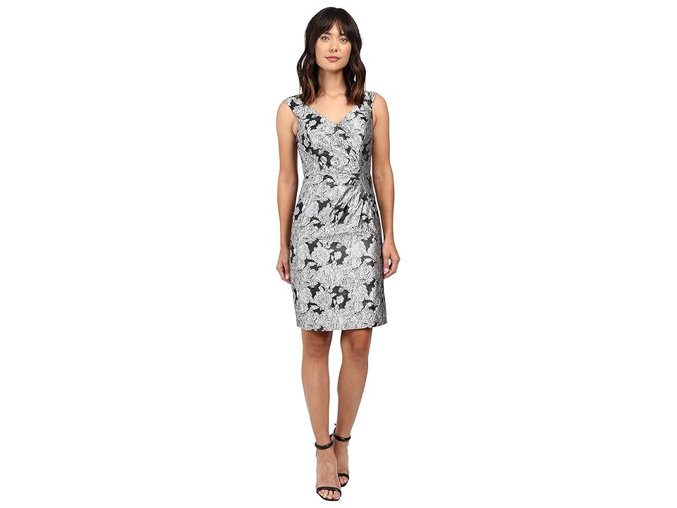 

Adrianna Papell V-Neck Side Drape Sheath (Silver/Black) Women's Dress, Gray