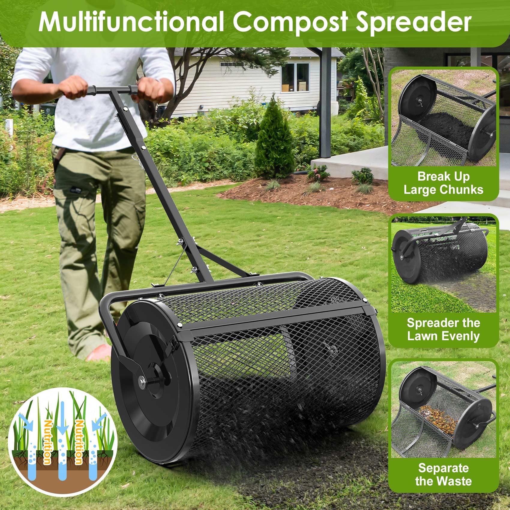 Esparcidor de abono, esparcidor de turba de 24" con 3 alturas, esparcidor de tierra vegetal con pestillos laterales mejorados, varilla de soporte, esparcidor de abono superior de malla metálica rev
