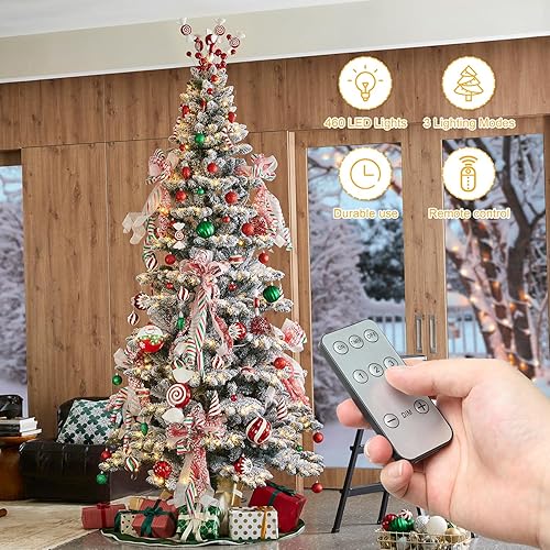 Vista 172 de Glitzhome Prelit Christmas Tree, 6ft Flocked Artificial Christmas Tree Serene Snowscape Fir with 300 Warm White Lights for Home, Office, Party