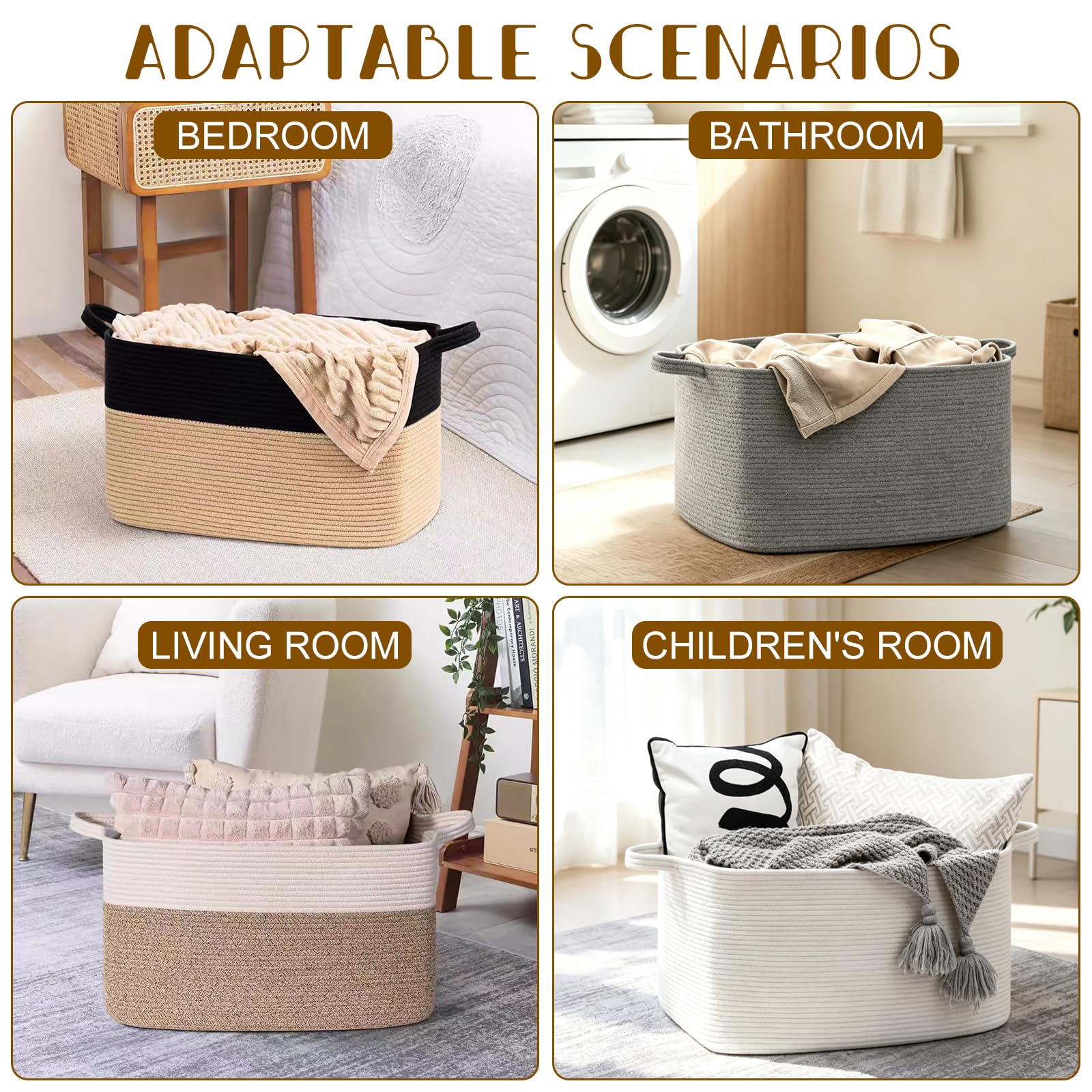 Cesto Portabiancheria in Corda Intrecciata 50L, Cesta Portabiancheria con Manici per Coperte, Giocattoli, Peluche, Vestiti, 46 x 36 x 30 cm (Bianco)