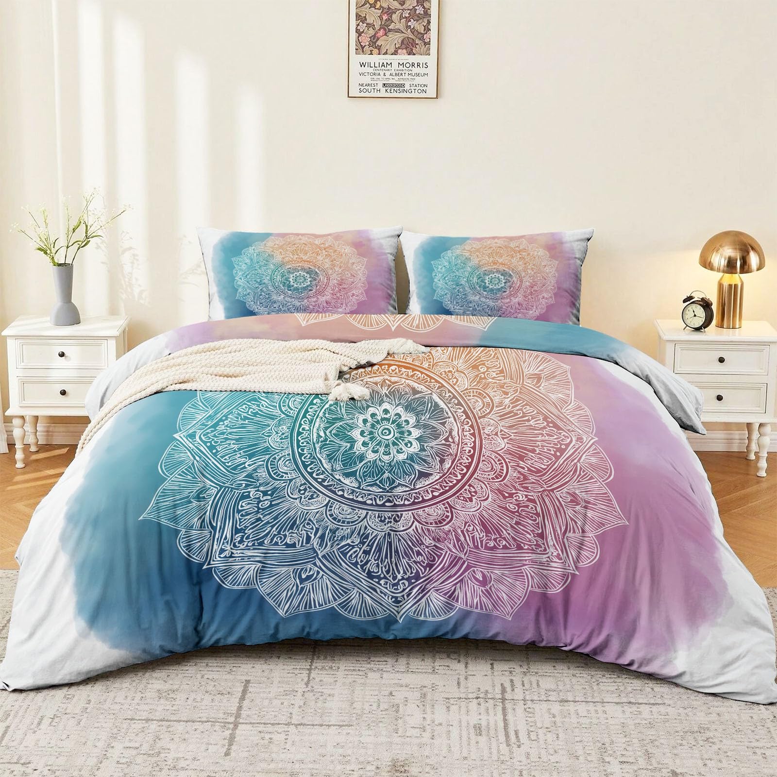 Juego de Funda nórdica Mandala De Acuarela 260 x 240 cm, Juego de Cama de Microfibra Suave con Cierre de Cremallera, 3 Piezas, Ropa de Cama para Todas Las Estaciones, Vistoso