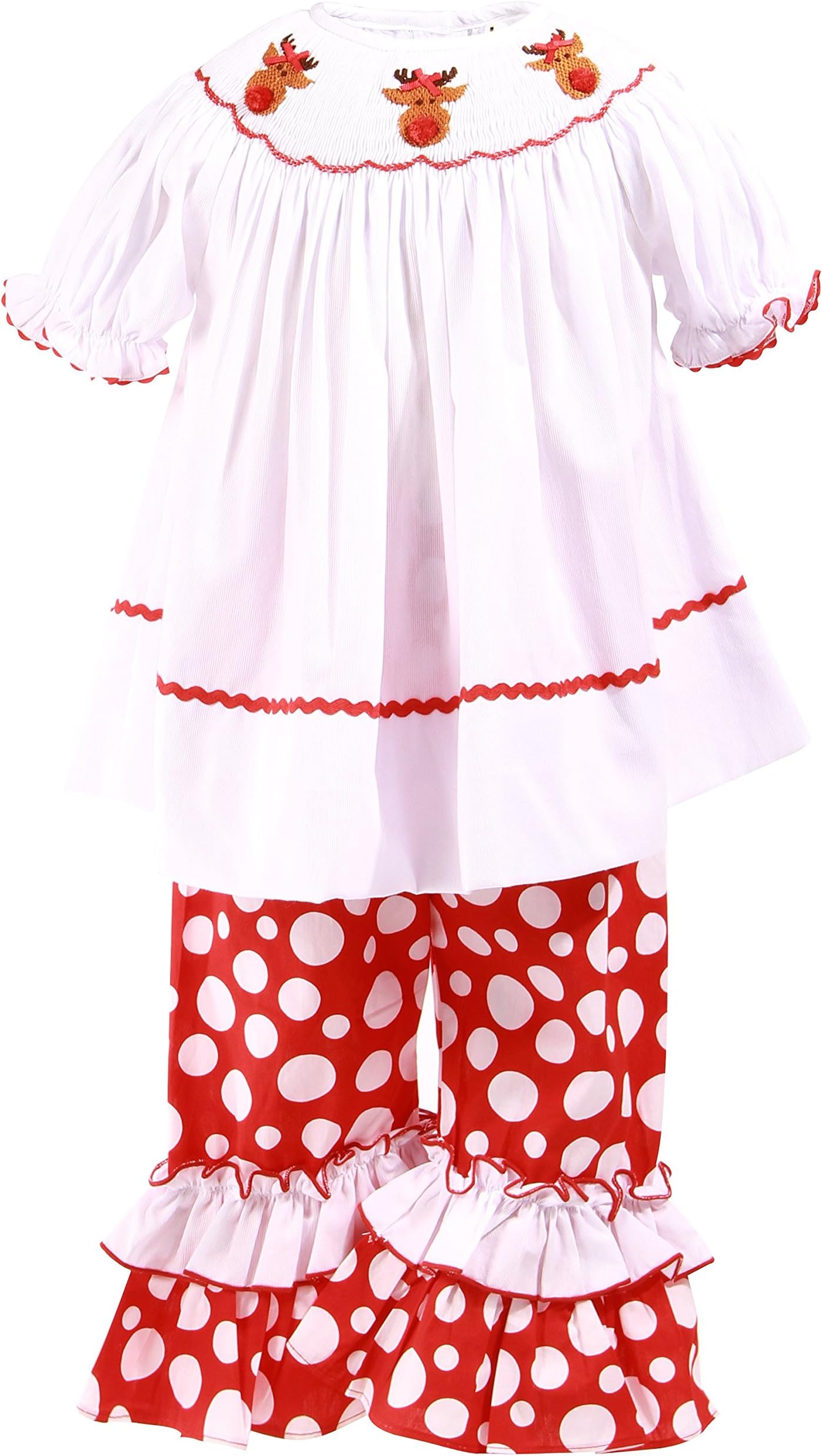 Babeeni Smocked Girl Dress Set - Pique Plain Top with Reindeer on The Neck and Polka Dots Pants for Christmas