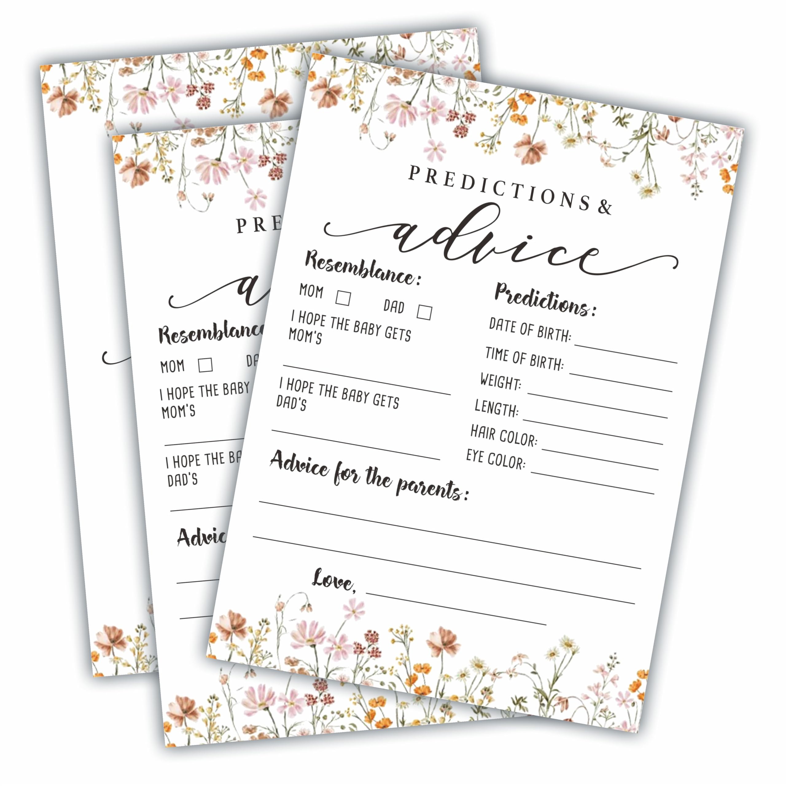 Baby Shower Game Cards, Baby Predictions & Advice Game Cards, Spring Wildflower, 30 Floral Theme Double-Sided Game Cards For Baby Announcement, Gender