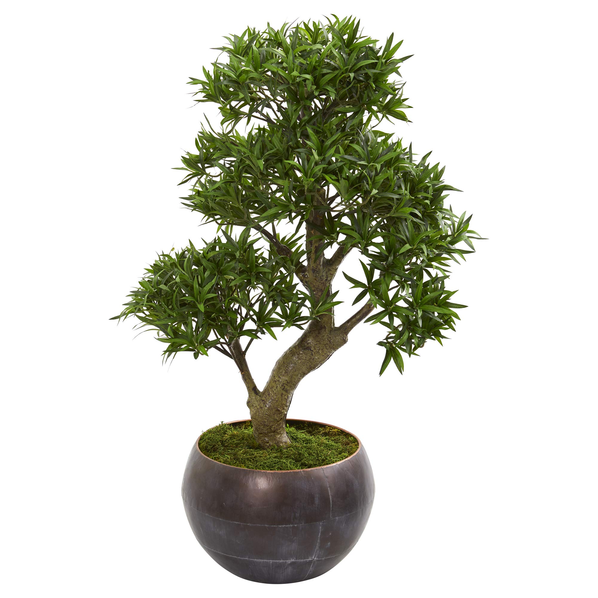 Nearly Natural 37” Podocarpus Artificial Bonsai Metal Bowl Silk Trees Green