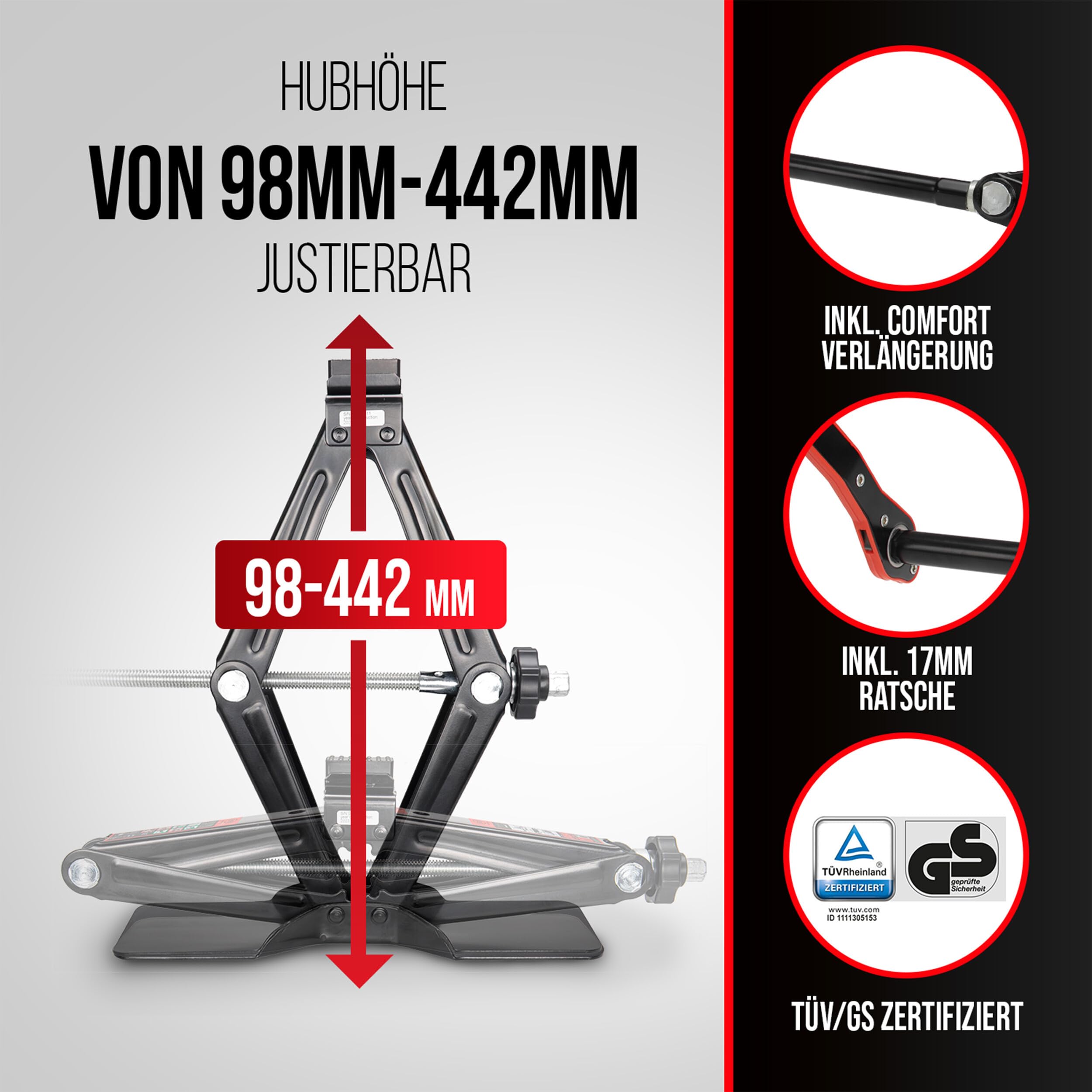 HEYNER® Podnośnik nożycowy 2 t do VW Transporter T6 (2015, FL 2019) – gumowa podkładka obracająca się o 360° z metalowym rdzeniem o grubości 4 mm, skok 98–442 mm, zapadka i korba 17 mm, przedłużka
