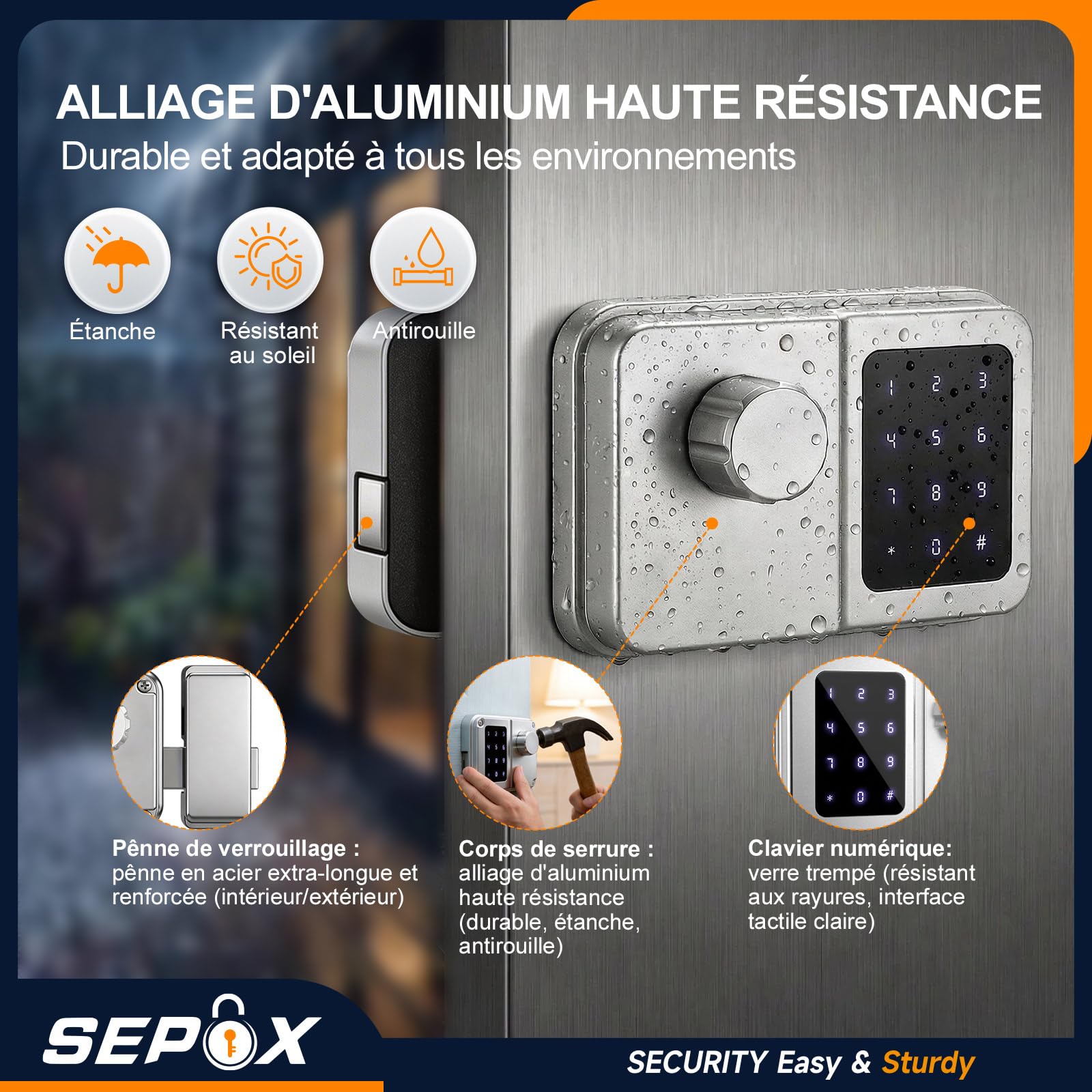 SEPOX Serrure Connectée Bluetooth Porte D’Entrée, Digicode, Clavier Tactile, Tuya, Sans Clé, Style Rétro, Pour Maison Appartement Bureau (Argent, Écran double)