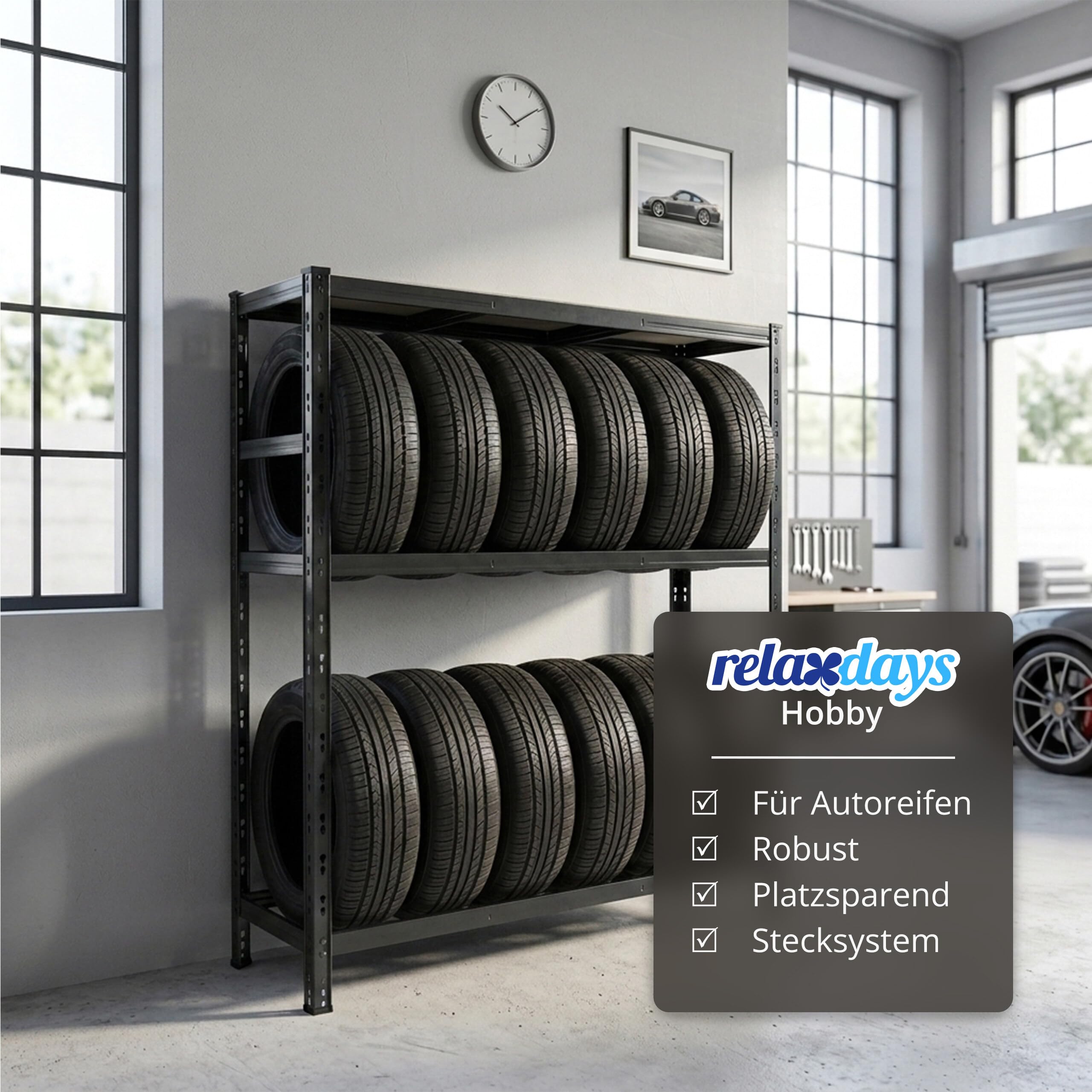 Relaxdays Reifenregal für 12 Reifen, HxBxT 180 x 120 x 40 cm, 450 kg, Stahl, Stecksystem, Reifenlager Werkstatt, schwarz