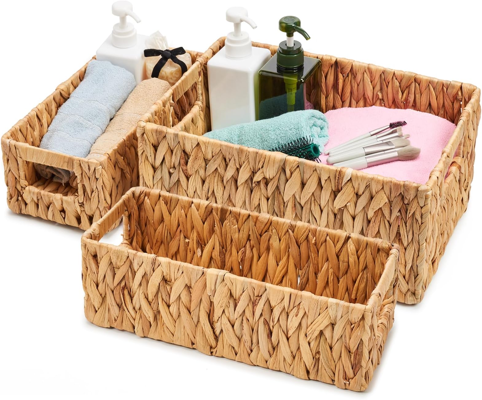 EZOWare Natural Water Hyacinth Baskets, Set of 3 Woven Wicker Rectangular Storage Organizer Bin Boxes with Handles for Closet Clothes Kids Room Nursery - 2 Sizes