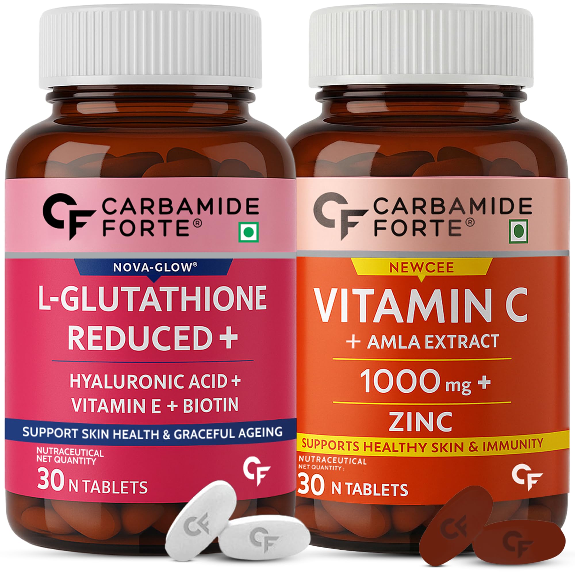 Carbamide Forte Japanese Reduced L Glutathione 500mg Tablets with Vitamin C from Amla Extract | Glutathione Supplements & Vitamin C Supplements â 30 Veg Tablets Each