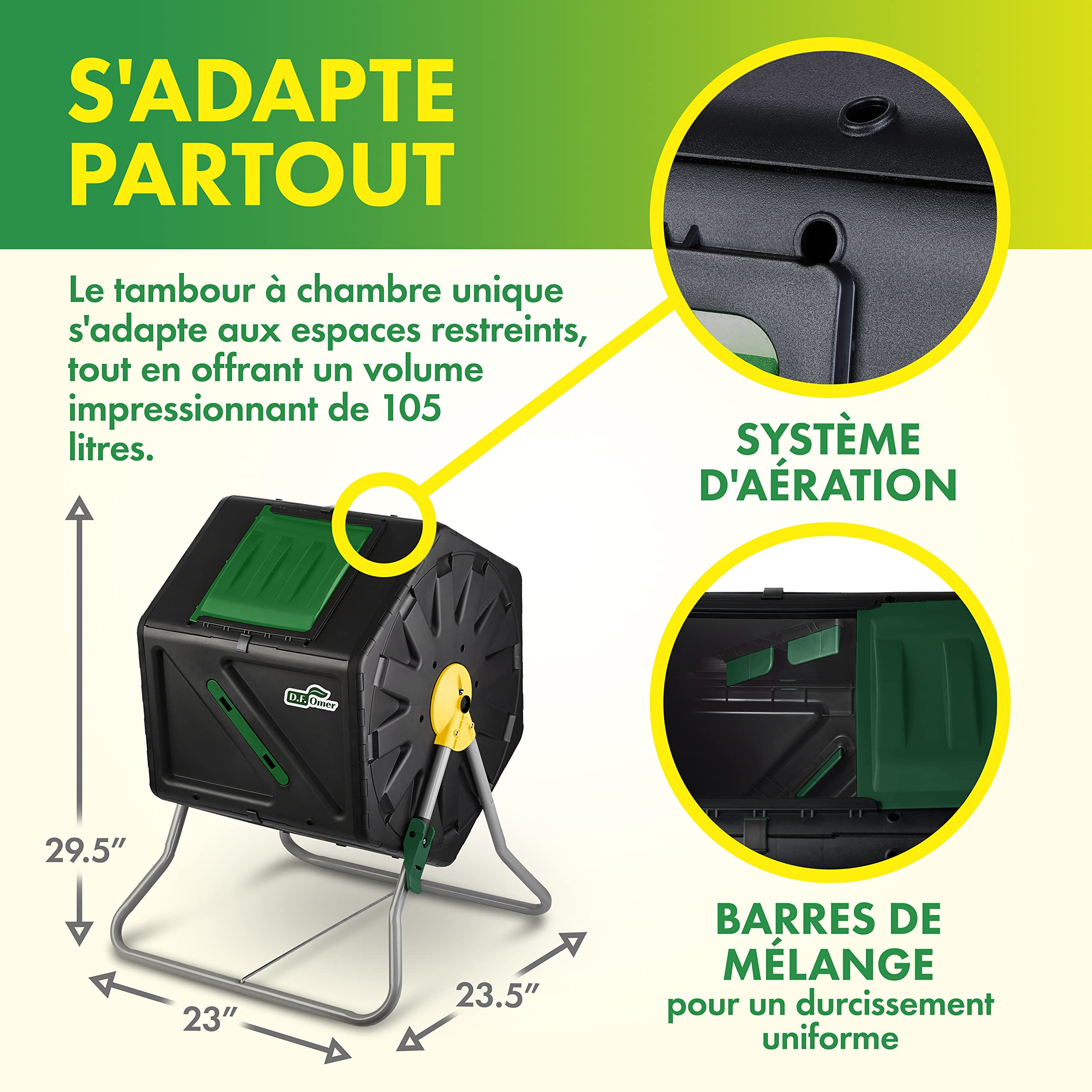 Composteur de Jardin à Chambre Unique DF OMER pour Le Jardinage en Plein Air - Grand Volume, Conception Compacte, Capacité De 105 litres - Composteur Rotatif Roulant Résistant