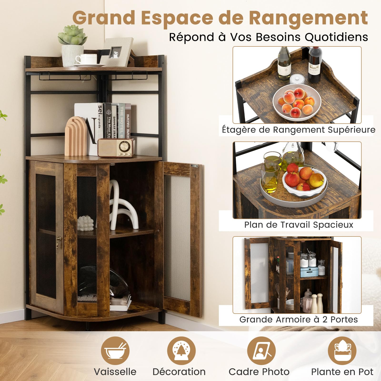 GOPLUS Meuble Cuisine à Vin d'angle Style Industrielle, Étagère Réglable et Porte en Maille, Meuble de Rangement sur Pied avec Porte-Verre à Vin pour Bar, Cuisine, Salon (Marron Rustique)