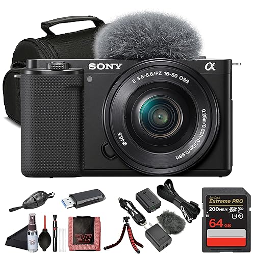 Sony ZV-E10 Mirrorless Camera Black with 16-50mm Power Zoom Lens (ILCZV-E10L) – 24.2 MP APS-C Sensor, 4K Video, Vari-Angle Screen w/ 64GB Memory Card, Bag, Card Reader and More