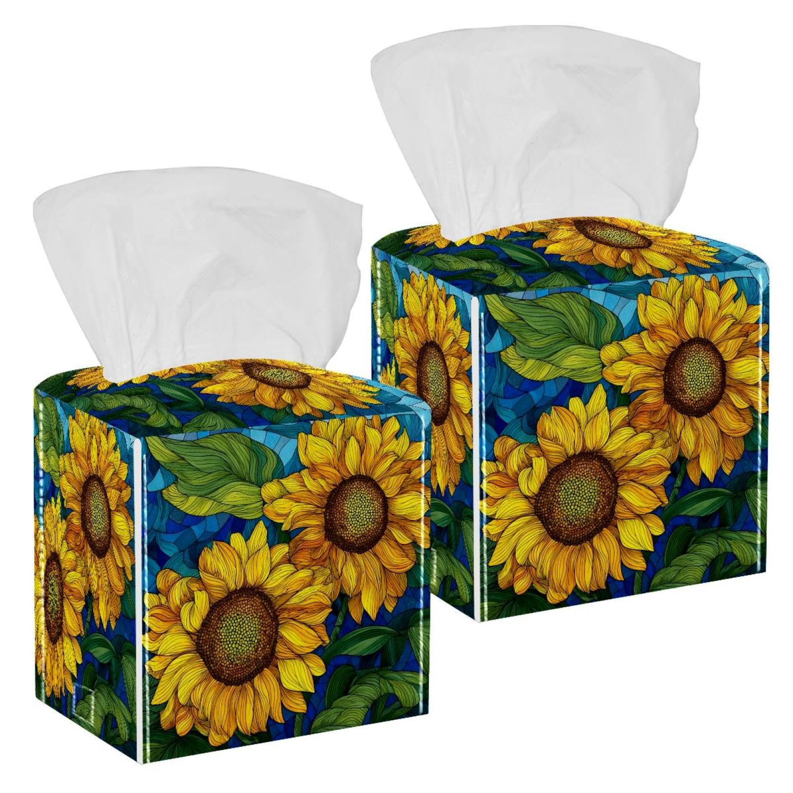 2 Pack Watercolor Sunflower Tissue Box Cover Holder Square Tissue Foldable Cube Cover PU Leather Tissue Organizer with Bottom Belt for Bathroom, Tabletop, Car, Night Stands, Office