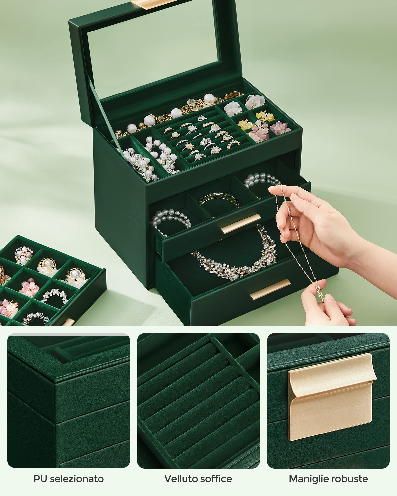 SONGMICS Scatola Portagioie, 4 Livelli, Coperchio in Vetro, 3 Cassetti, Porta Gioielli, Occhiali da Sole e Accessori Grandi, Moderno, Verde Foresta e Dorato JBC161G01