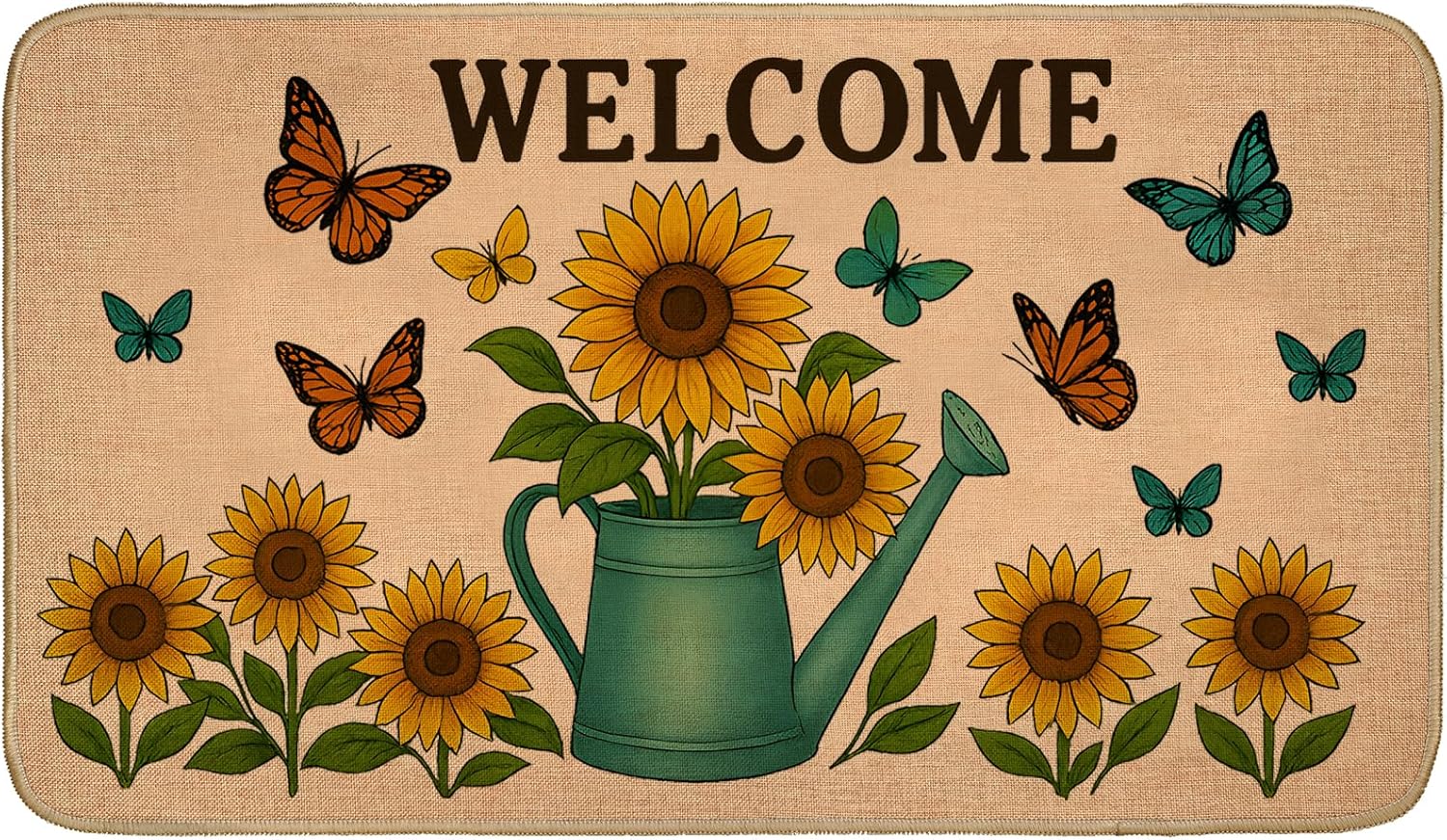 Sunflower Welcome Door Mat,29.5x17inch,Indoor Outdoor Linen Floor Mats with Watering Can and Butterfly,Non-Slip Rubber Backing Doormat,Floral Decor Gifts Rug for Entrance Kitchen Bedroom