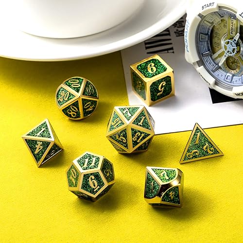Miniatura 251 de DNDND - Juego de dados de metal para D&D, 7 dados DND verdes con caja de metal para juegos de rol como Dungeons and Dragons y juegos de mesa verde