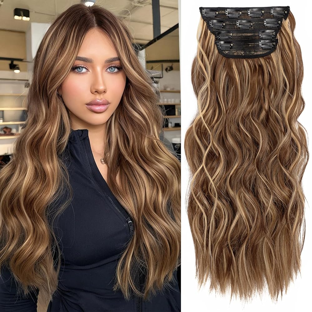 KooKaStyle Clip in Synthetic Hair Extensions Long Wavy 4PCS Honey Blonde Mixed Light Fiber Double Weft Natural Hair Extensions 20 Inch for Women