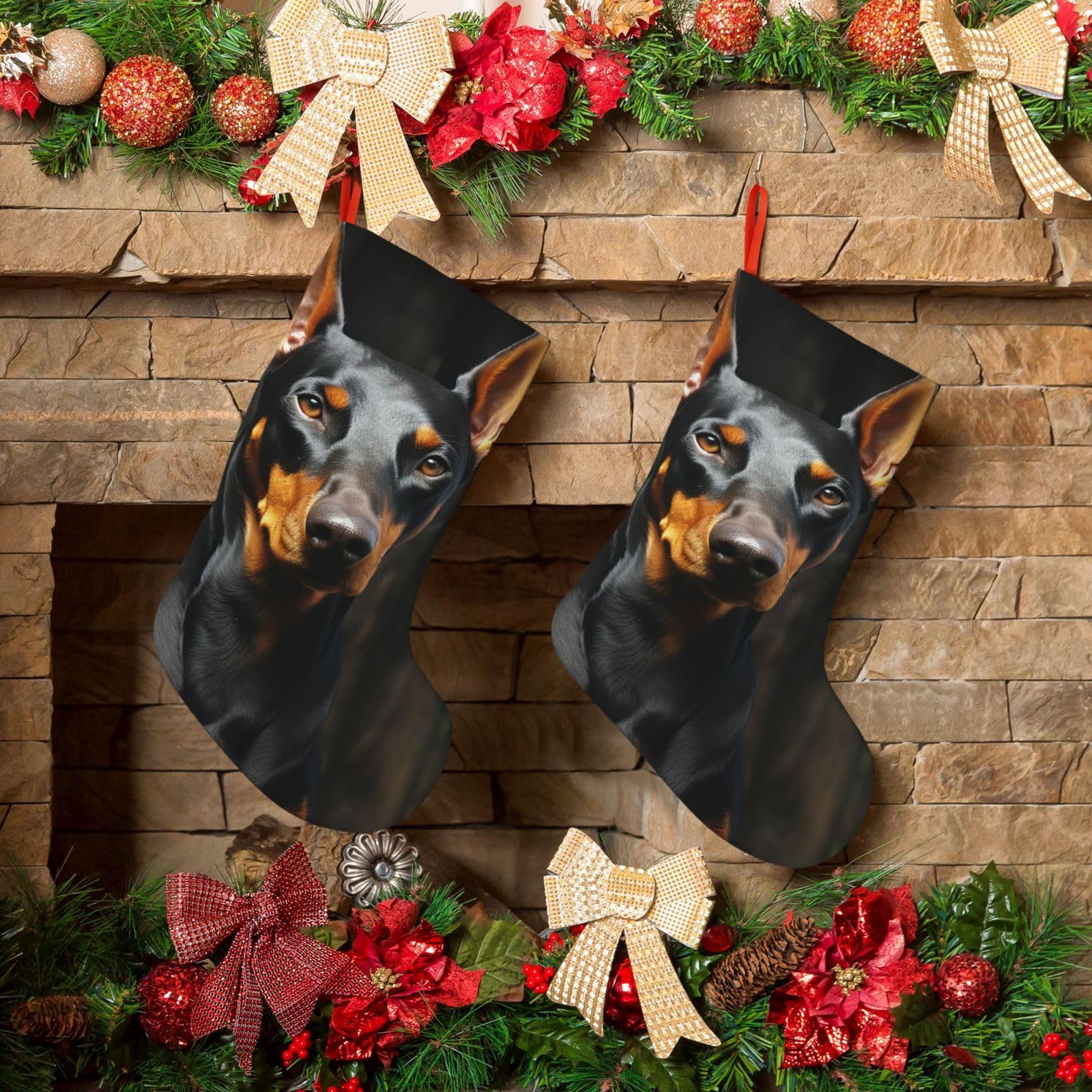 KLOPH Christmas Stockings 18" Personalized Xmas Stocking Doberman Decoration Stocking Hanging Fireplace Stocking for Holiday Xmas Tree Christmas Fireplace Decor