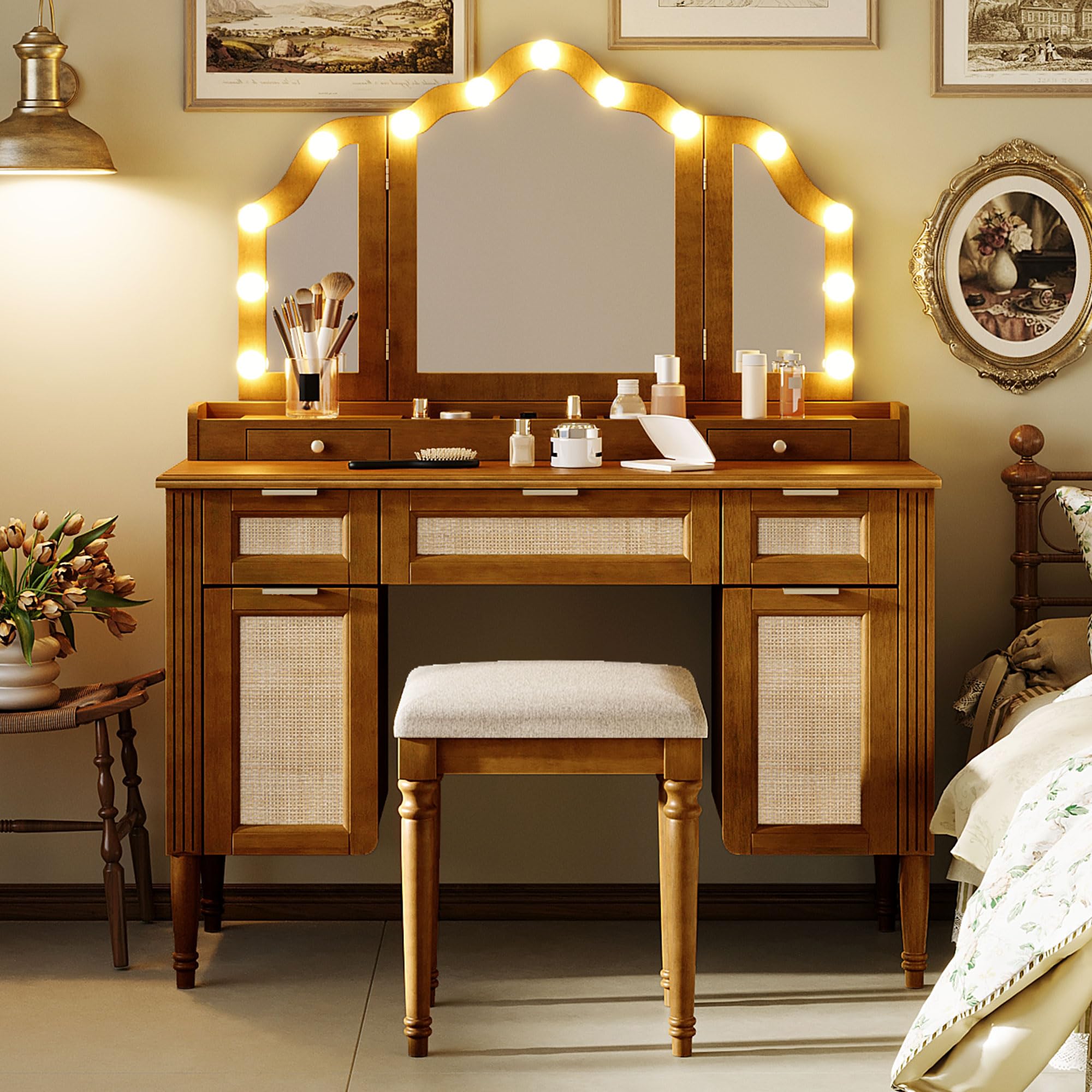 JIVOIT 44.37" Makeup Vanity Desk with Tri-Fold Mirror, Large Vanity Table with 5 Drawers and Shelves and 2 Cabinets, Dressing Table, Easy Assembly