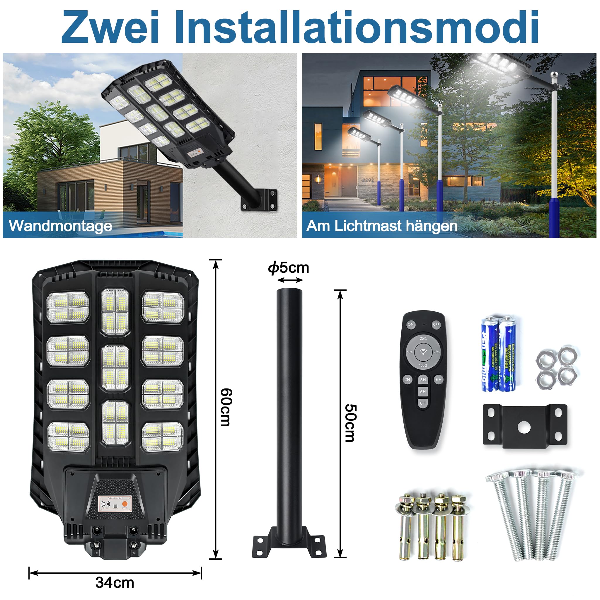 Froadp Lampada da strada solare con sensore di movimento, 400 W, faretto solare da esterno, 8000 – 8500 K, con telecomando, luce solare per esterni, per giardino, strada, impermeabile IP65