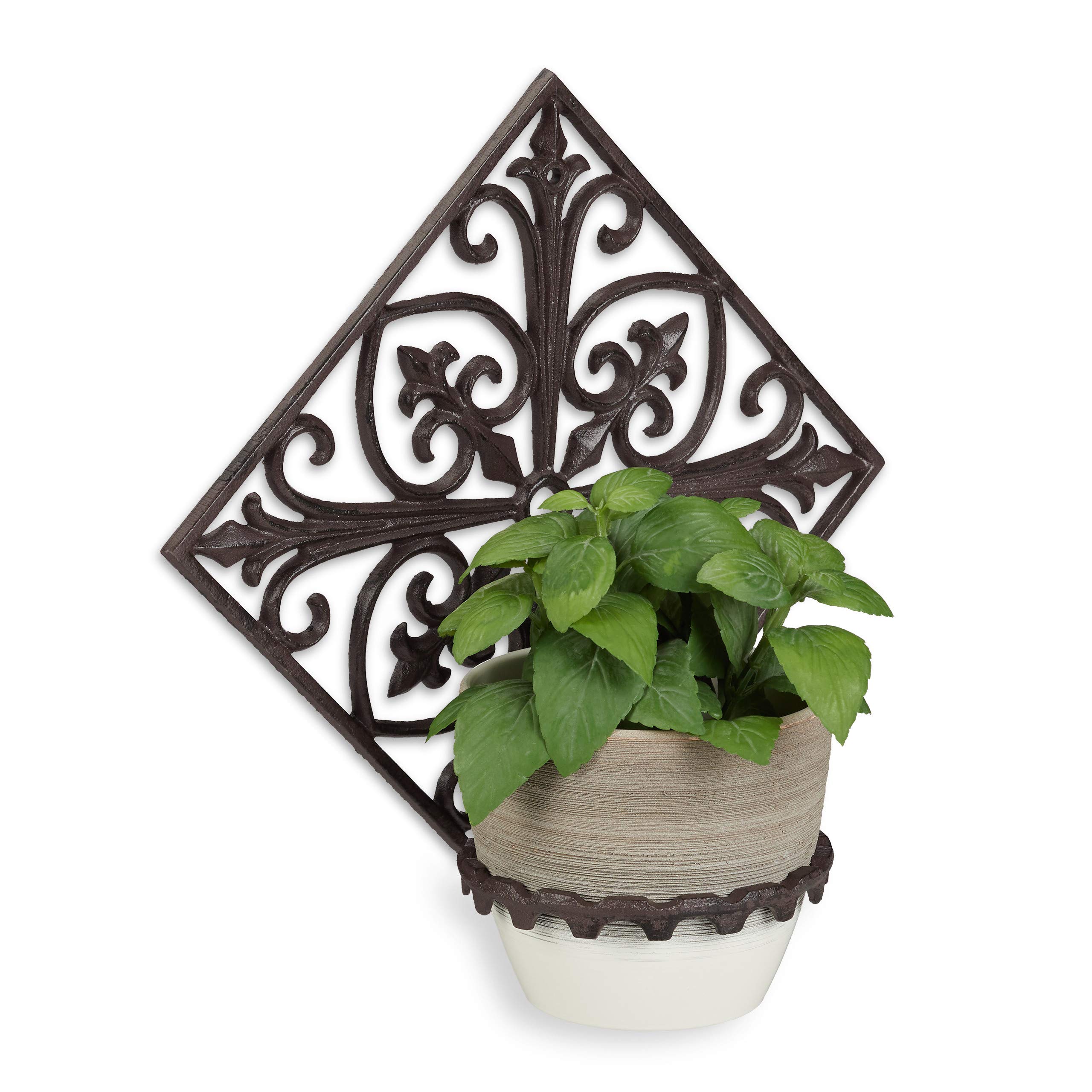 Relaxdays 4x Portavasi da Parete in Ghisa, da Appendere, per il Giardino, Ø 13 cm, Decorativo, da Esterno, Marrone Scuro