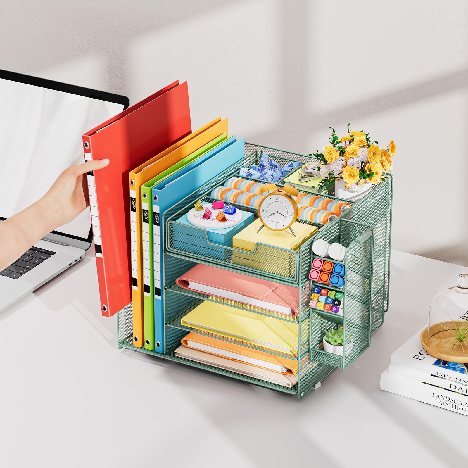 Marbrasse Organiseur de Bureau,4 Niveaux Plateau à Courrier avec 1 Porte-stylo Suspendu et 6 Tiroirs de Séparation,Organiseur de Magazines pour Bureau à Domicile(Vert)