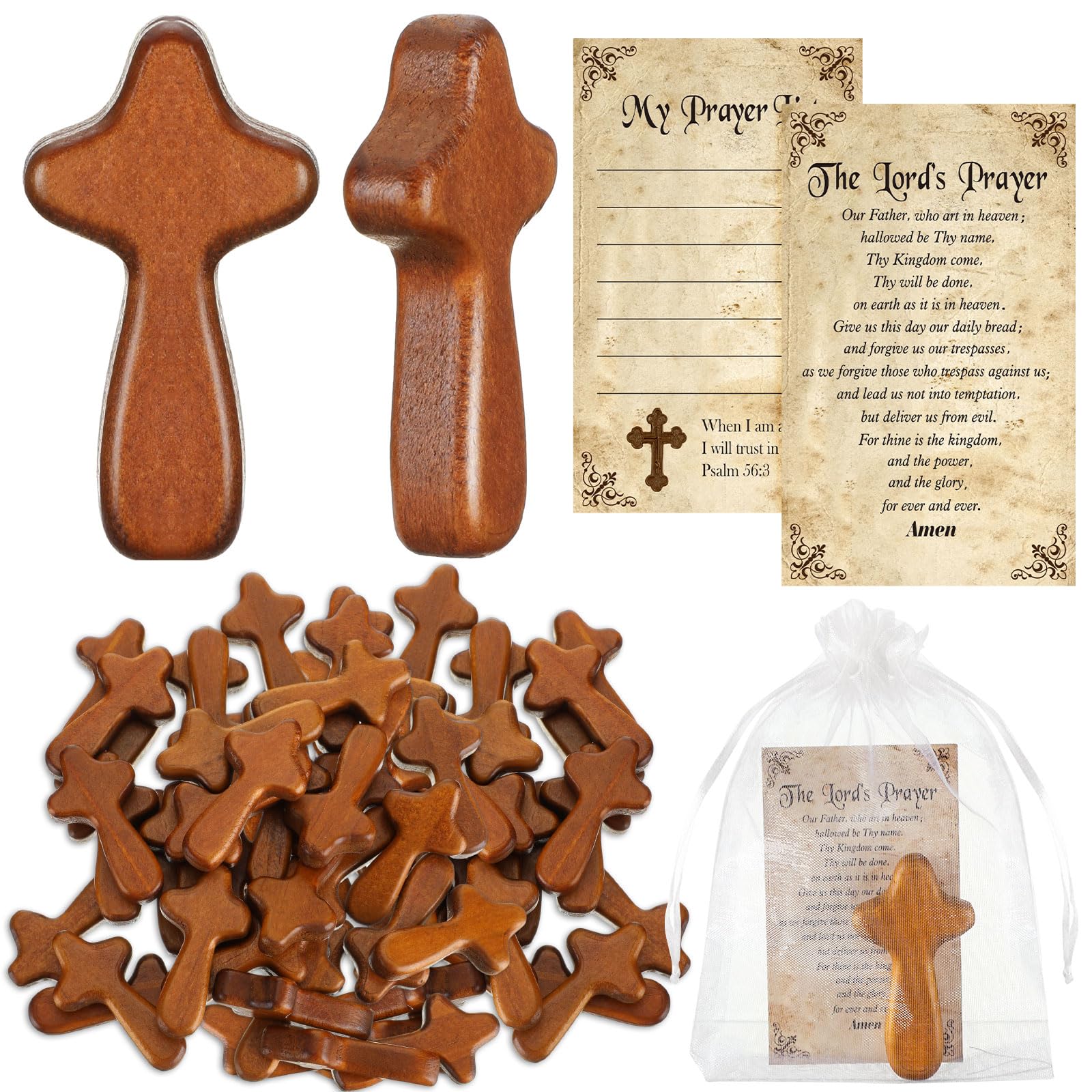 Kigley 60 Set Mini Wood Holding Crosses Bulk 60 Small Pocket Hand Crosses 60 Prayer Cards 60 Bags for Christmas Christian Church Jesus Cross Gift Bulk (Leaves,Organza)