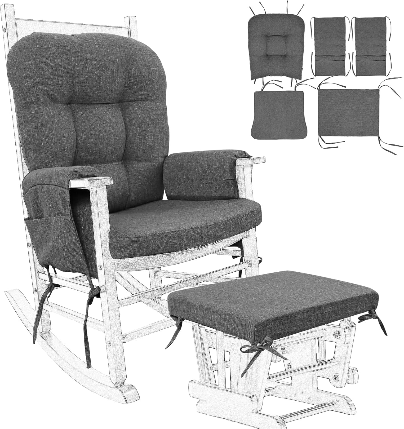 BUYUE Glider Rocker Replacement Cushion 5 PCS with Ties, Linen High-Density Foam Non-Slip & Washable Rocking Chair Pads for Sitting,Gray