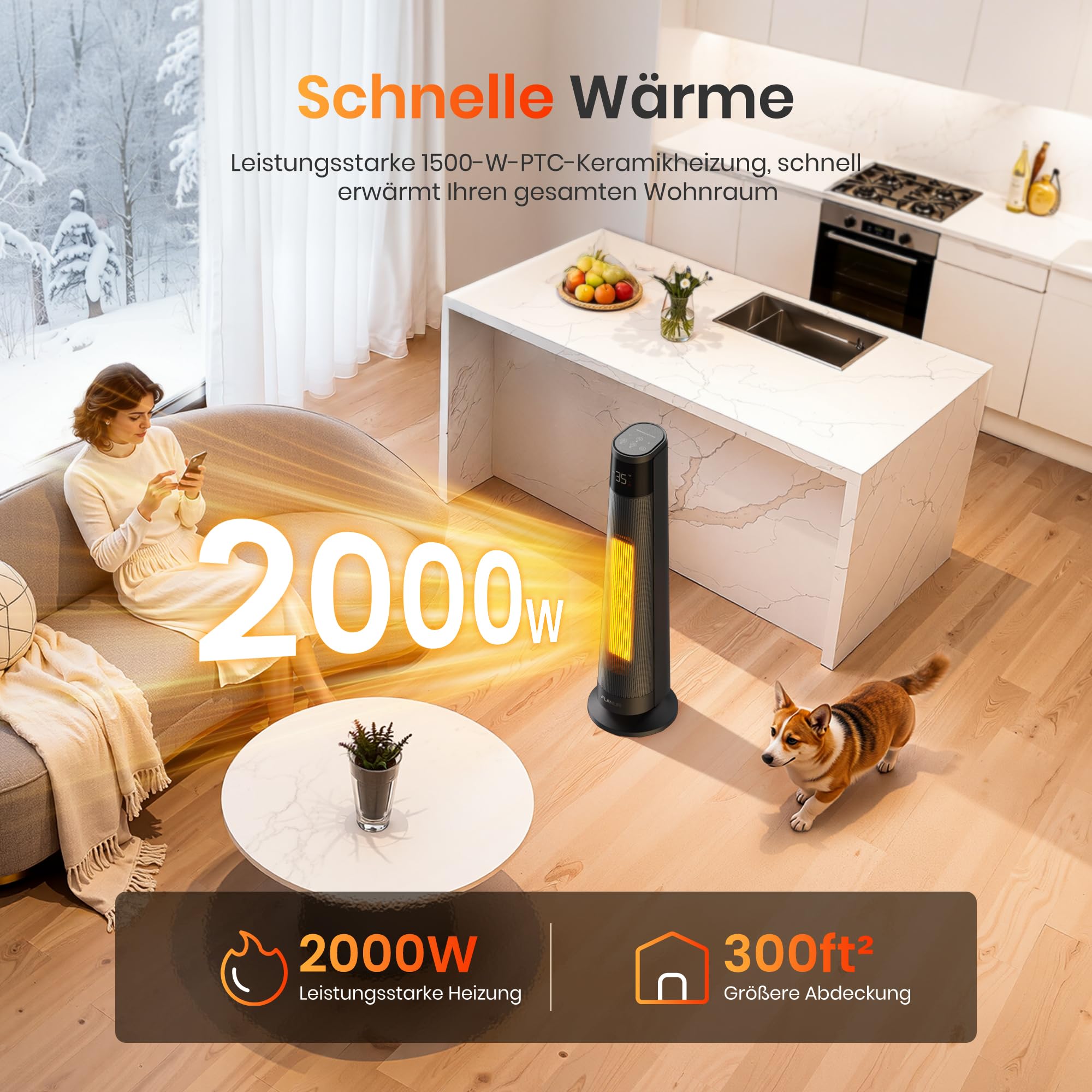 FLANUR Heizlüfter Energiesparend, 1500 W PTC Keramik Heizlüfter Leise, 74cm Elektroheizung mit Thermostat & Fernbedienung, ECO Modus, 70° Oszillation, 12h Timer, Überhitzungs-Kippschut, Black, 1Pack
