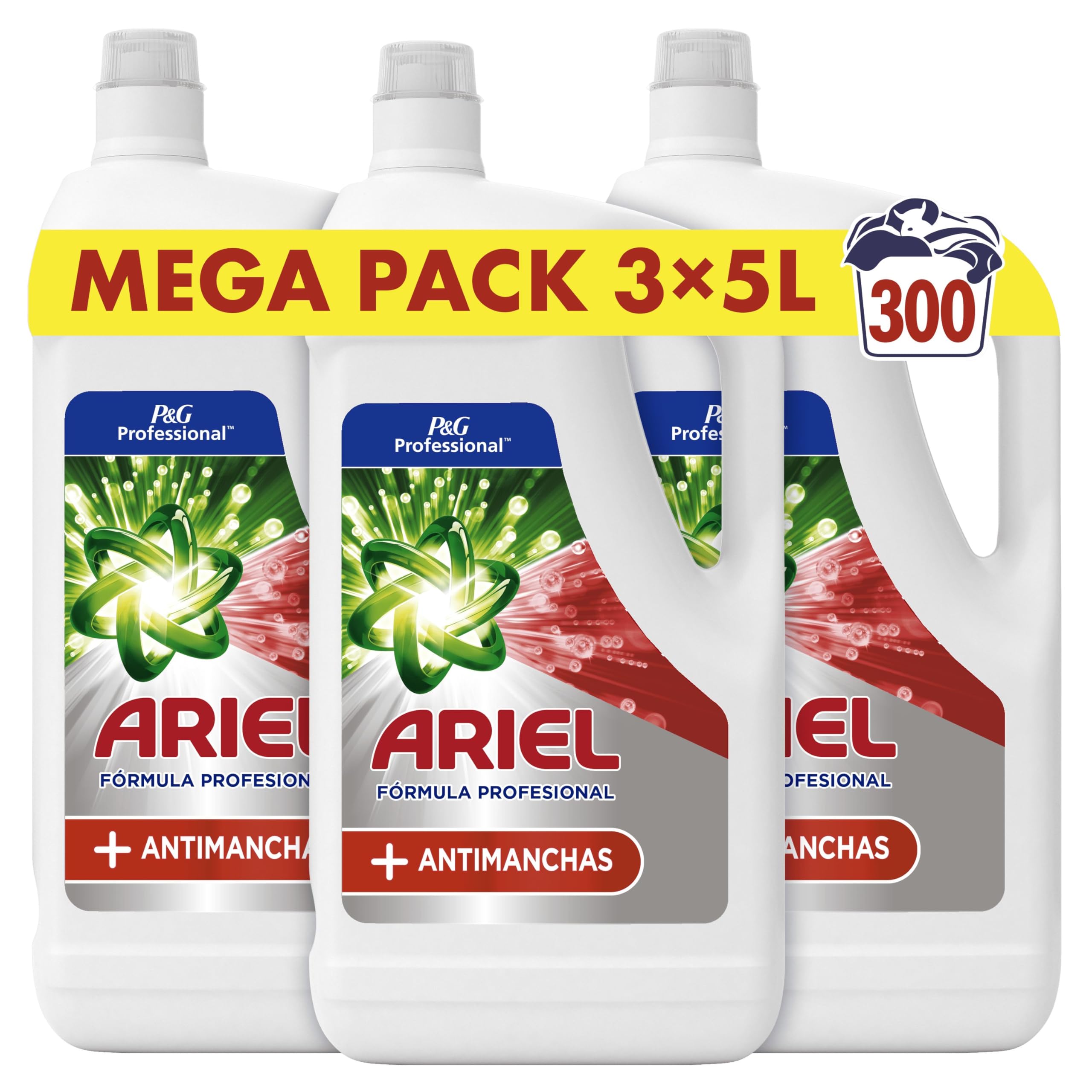 Ariel Professional, Detergente líquido para lavadora + Quitamanchas, 15L (3 x 5L), Nuestra Mejor Fórmula Para Eliminar Manchas Difíciles