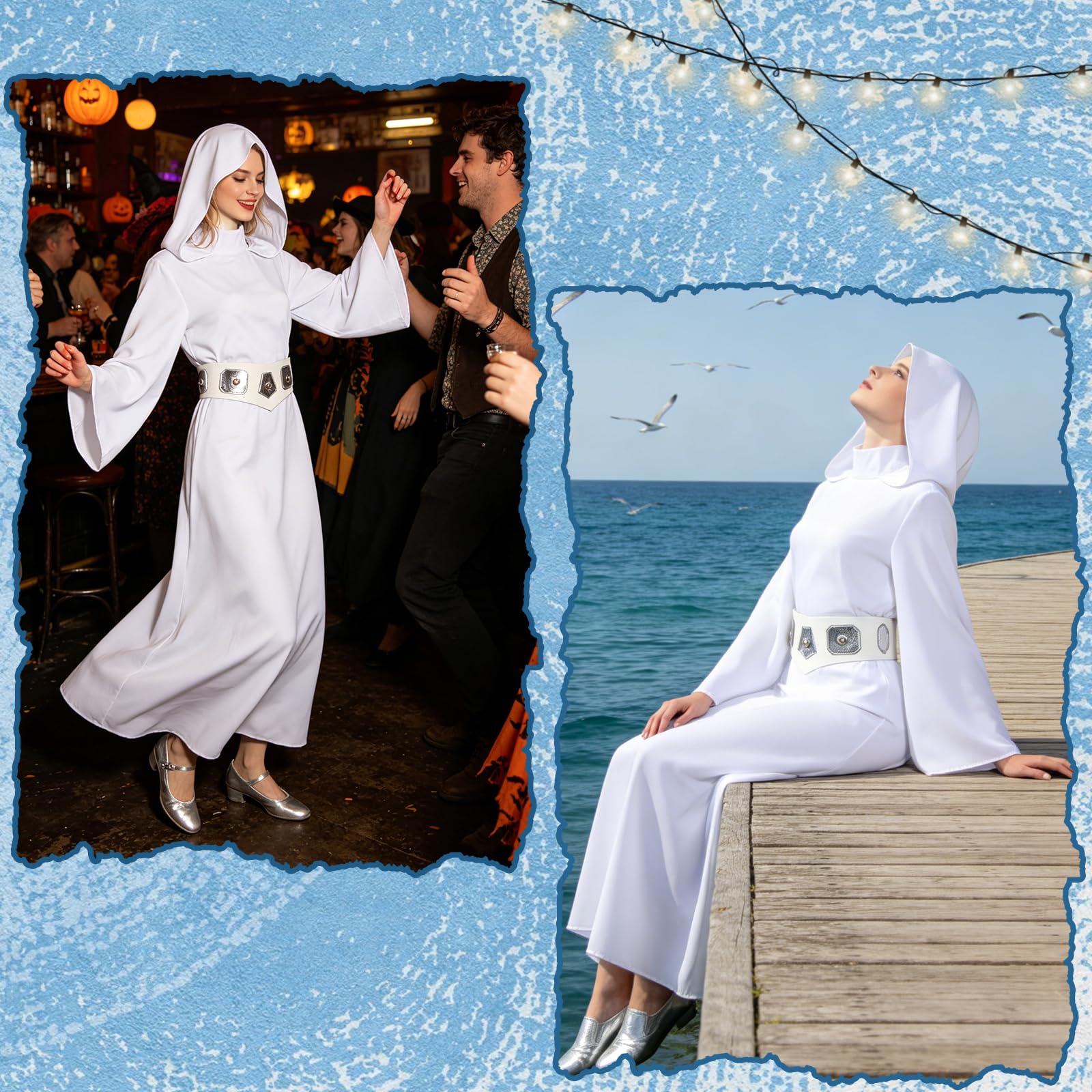 nezafly Princess Costume Women White Dress Hooded Robe with Belt Halloween Carnival Outfits Set for Adults - Image 5