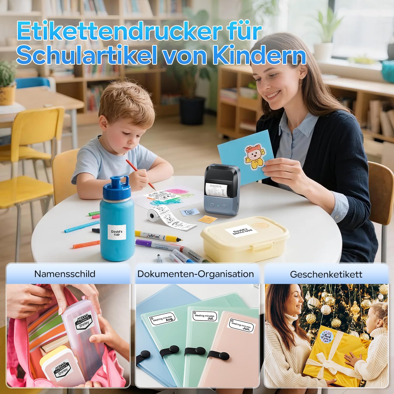 Memoking Etikettendrucker, Etikettendrucker Selbstklebend Barcode Etikettendrucker für Einzelhandel, Büro und Zuhause Kompatibel mit iOS und Android für Heim, Büro