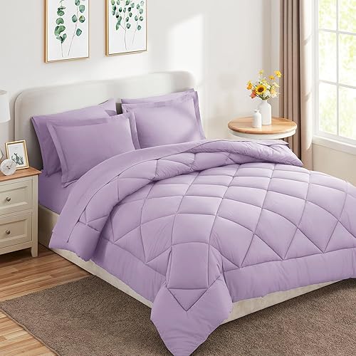 Miniatura 8 de CozyLux Juego de edredón King con sábanas de 7 piezas, ropa de cama en una bolsa, color morado claro para todas las estaciones, juegos de ropa de