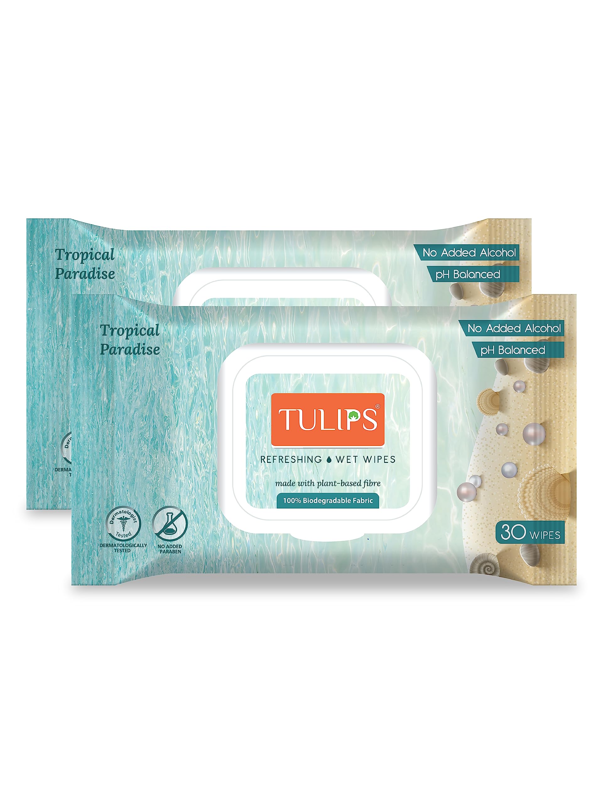 Tulips Refreshing/Makeup Remover Wet Wipes made with Plant based Fibre, LID Pack (Tropical Paradise) (Pack of 2, 30 wipes each)-image-1