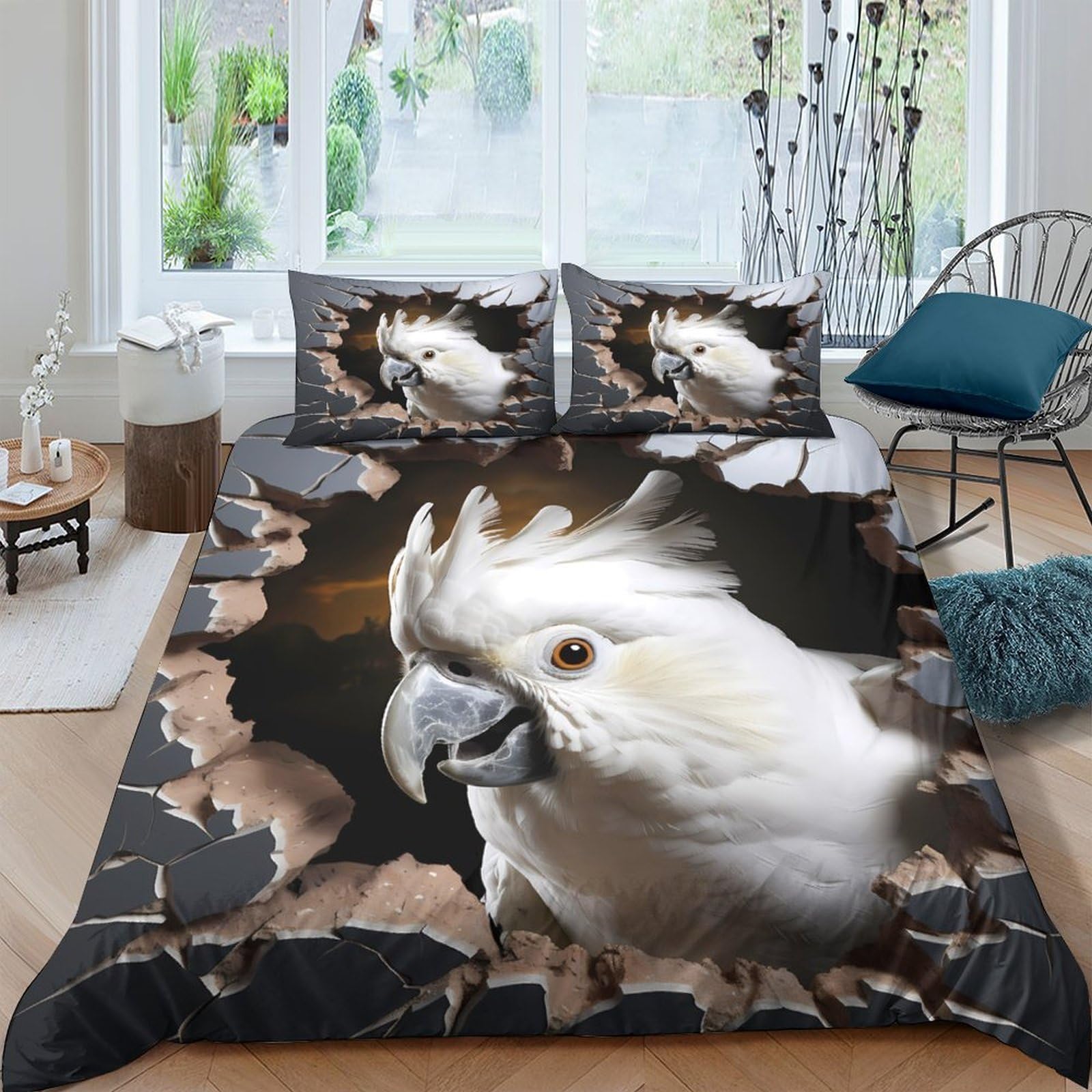 Ctjqhvkz Style-9 3D Printed White Cockatoo Fitted Sheet Microfiber Soft Anti-Slip Bird Pattern Bed Cover For Bedroom Guest Room Decor Single（135X200cm）