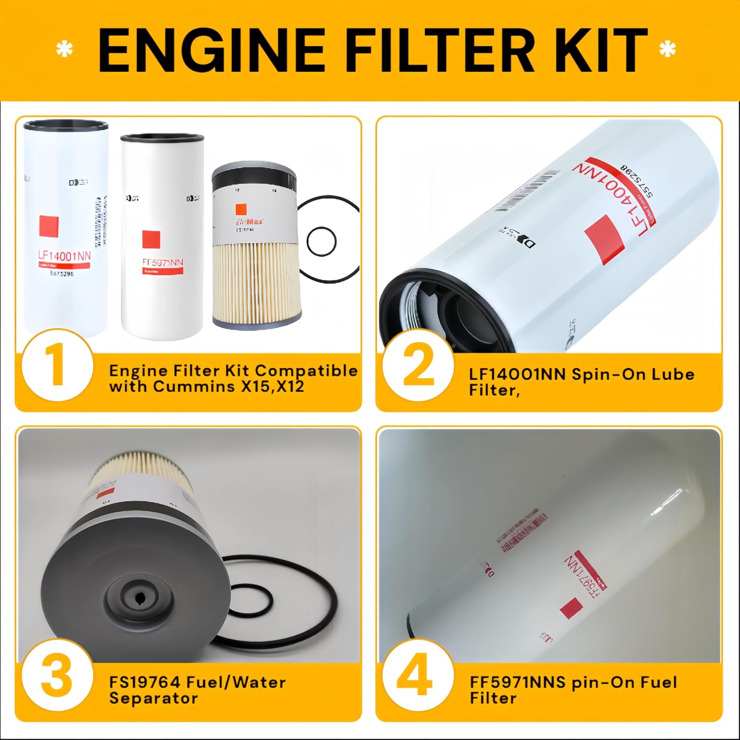 LF14001NN FF5971NN FS19764 Filter Kit Compatible with Cummins X12 X15 Engine. Replace P550851 P559000 BF46248
