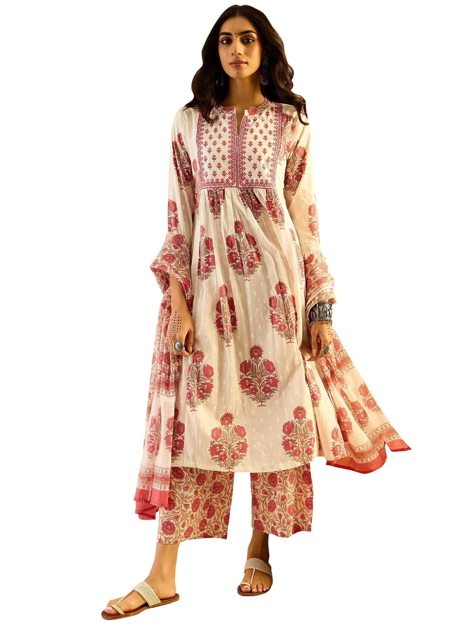 indo era Women's White Pure Cotton Printed A-Line Kurta & Palazzo with Dupatta Set (IESTR6301)-picture-36