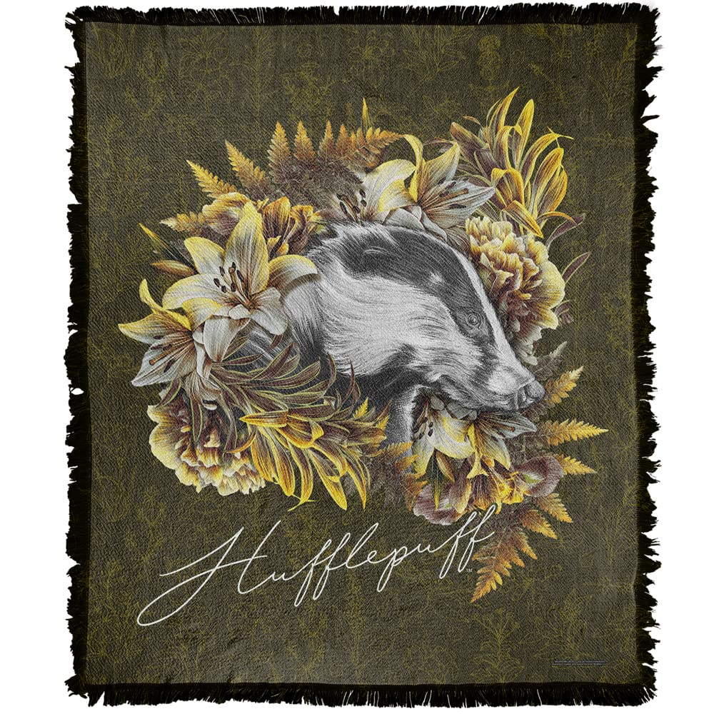 Harry Potter Blanket, 50"x60" Floral Lines Hufflepuff Woven Tapestry Cotton Blend Fringed Throw Blanket